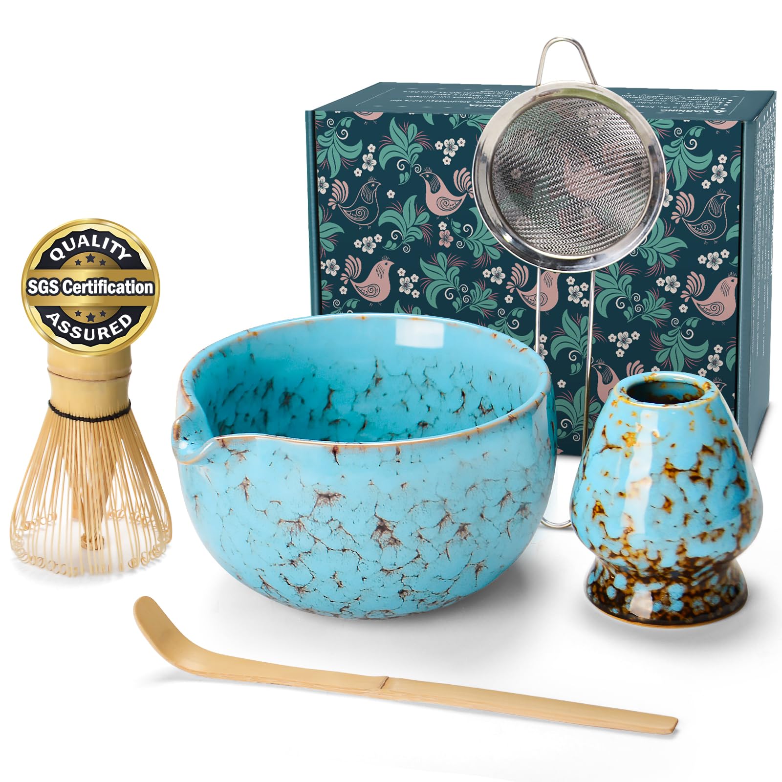 MONOJOY Matcha Bowl and Whisk Set, BPA-Free – Multi-Layer Ice-Crackle Ceramic Chawan with Spout, Bamboo Chasen, Holder, Scoop & Sifter | Japanese Ceremonial Matcha Tea Kit for Lattes & Beginners