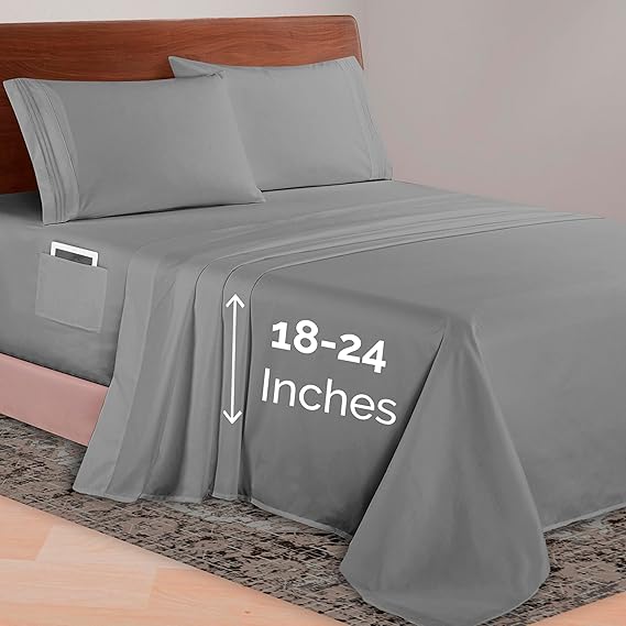 Elegant Comfort Luxurious 1500 Premium Hotel Quality Microfiber 4-Piece Sheet Set, 18-24 Inches Deep - Extra Deep Pocket Sheets - Ultra Soft 4PC Deep Pocket Sheets, Queen, Gray