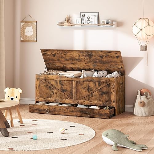 Miniatura 2 de HOOBRO Cofre de almacenamiento, baúl de juguetes de 43.3 pulgadas con cajón, banco de almacenamiento de madera, banco de entrada resistente que