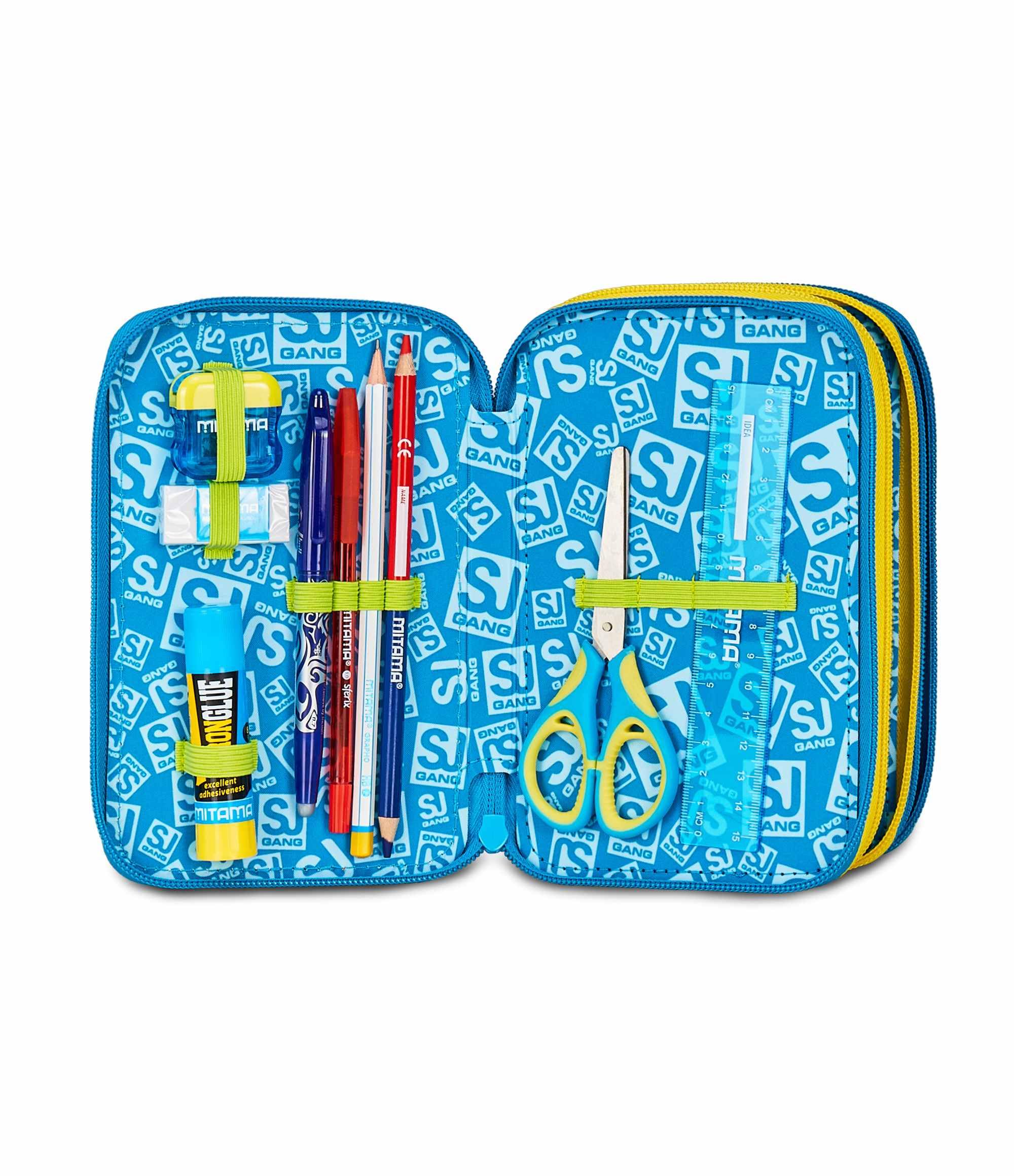 SJ GANG STYLE JAM GANG Astuccio Scuola 3 Zip,Blu e Giallo, Portapenne Triplo Scomparto Completo Di Penne, Matite, Colori, Accessori Zaino, Scuola Elementare, Bambino