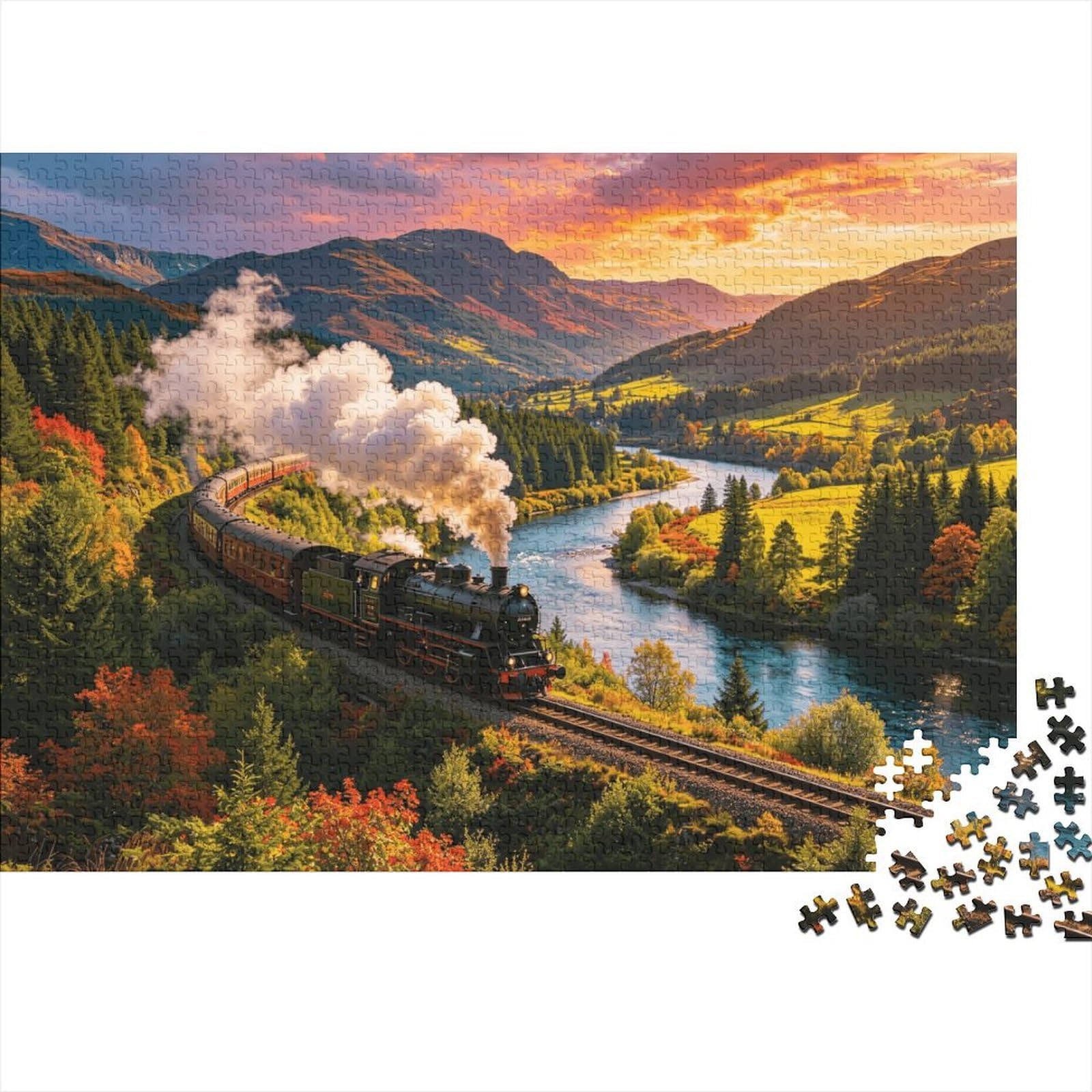 Steam Train 1000 Piece Jigsaw Puzzle Recyclable Paper Autumn Countryside Senior Puzzles Party Game Props Great Gift Idea for Women And Men Both 38x26cm/1000pcs