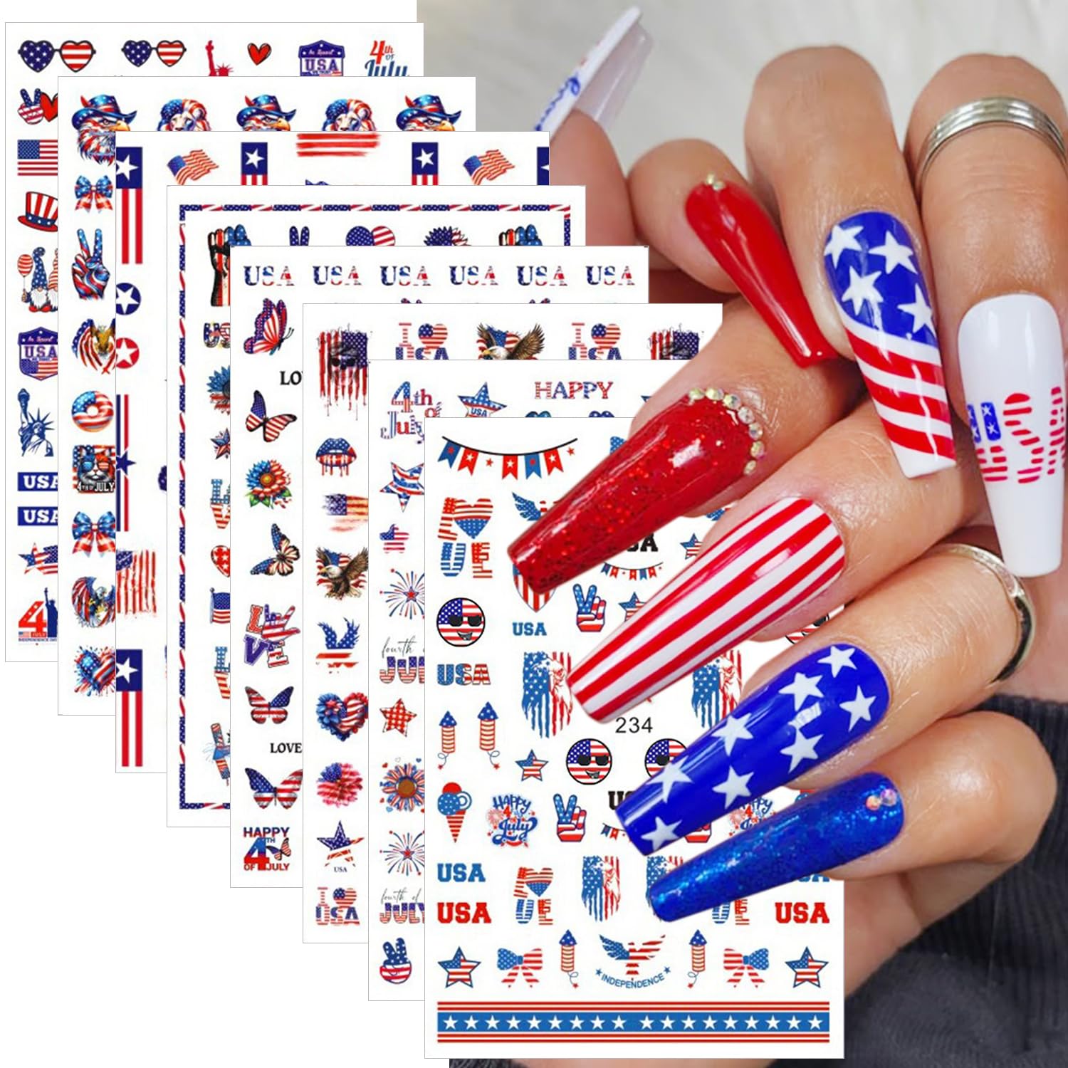 8Sheets 4th of July Nail Art Stickers Independence Day Nail Decals 3D Self-Adhesive USA Flag Patriotic Design Stickers Butterfly Star Heart Firework