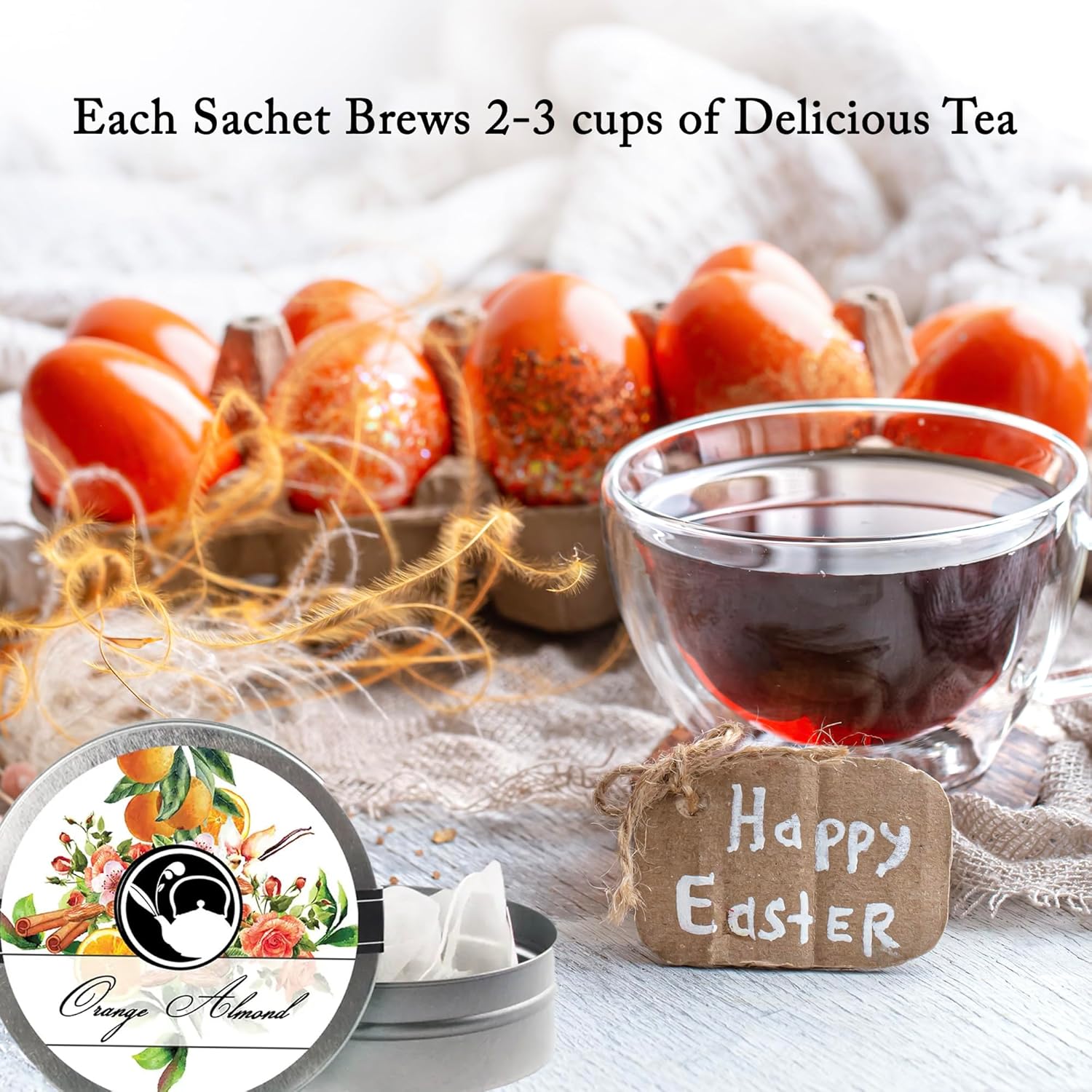 Easter Tea Gift Basket by La Tea Dah, Five Tins of Premium Tea & Two Honey Stirrers In a Festive Easter Basket, Hibiscus, Vanilla, Chamomile, Orange Almond, & Earl Grey Tea, Easter Gifts for Adults