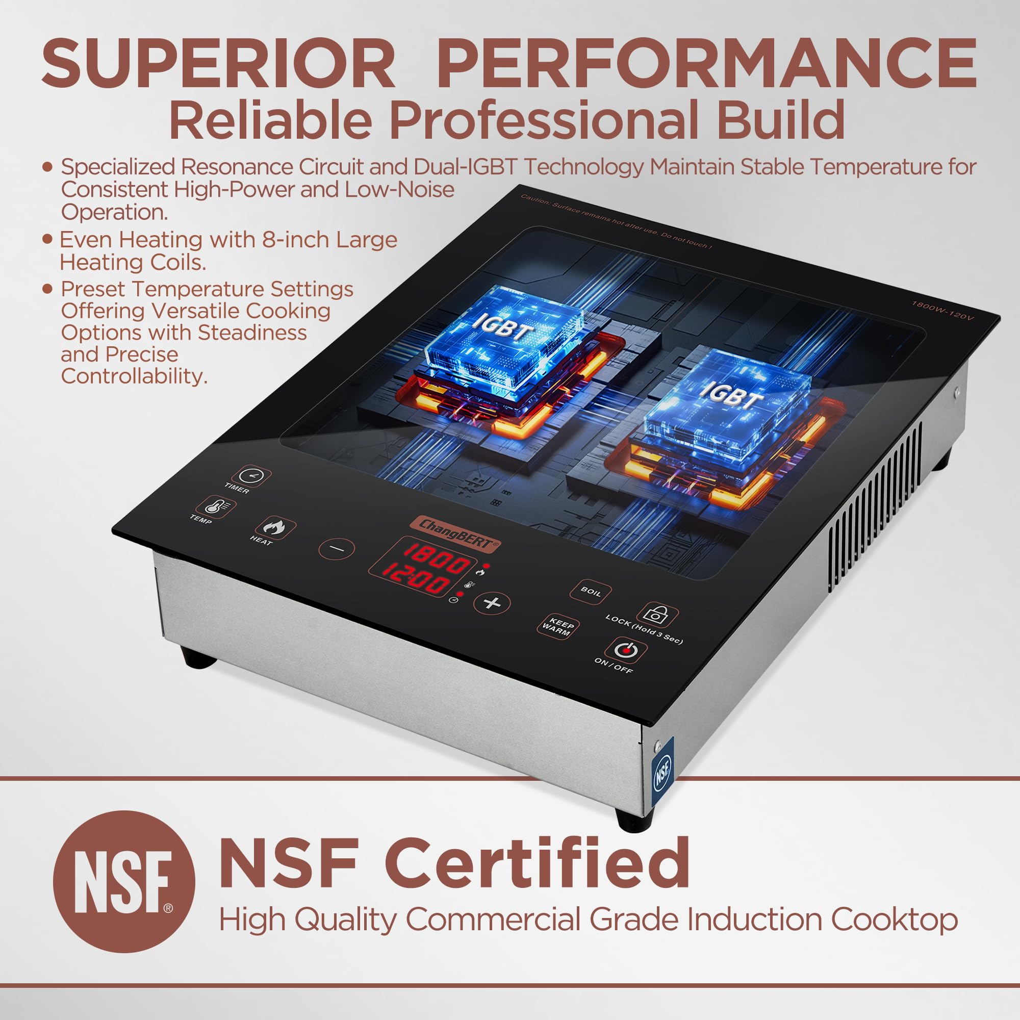 ChangBERT Built-in & Portable Induction Cooktop, NSF-Certified Commercial Grade Single Induction Burner, Large 8” Heating Coil, Low Noise, Precise Temperature Control for Apartments RVs Food Station
