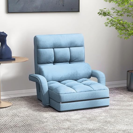 KOMFOTT Foldable Floor Lazy Sofa Chair, Indoor Chaise Lounge Chair with 6 Positions Adjustable Backrest, Detachable Seat Cushion, Armrests & Pillow, Cozy Floor Chair for Living Room, Bedroom (Blue)