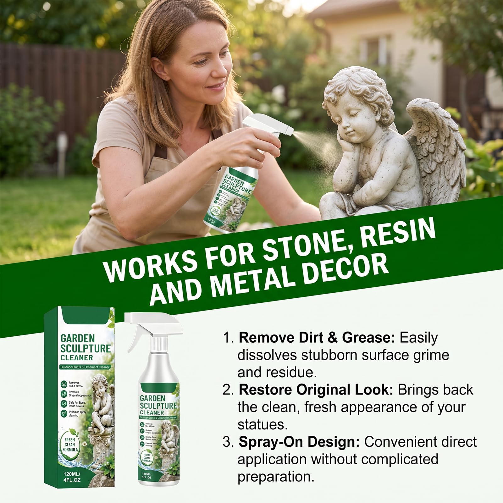 Potente spray detergente per sculture da giardino, detergente quotidiano per la cura delle pietre multi-superficie, soluzione per statue all'aperto, decorazioni da cortile e accessori da giardino