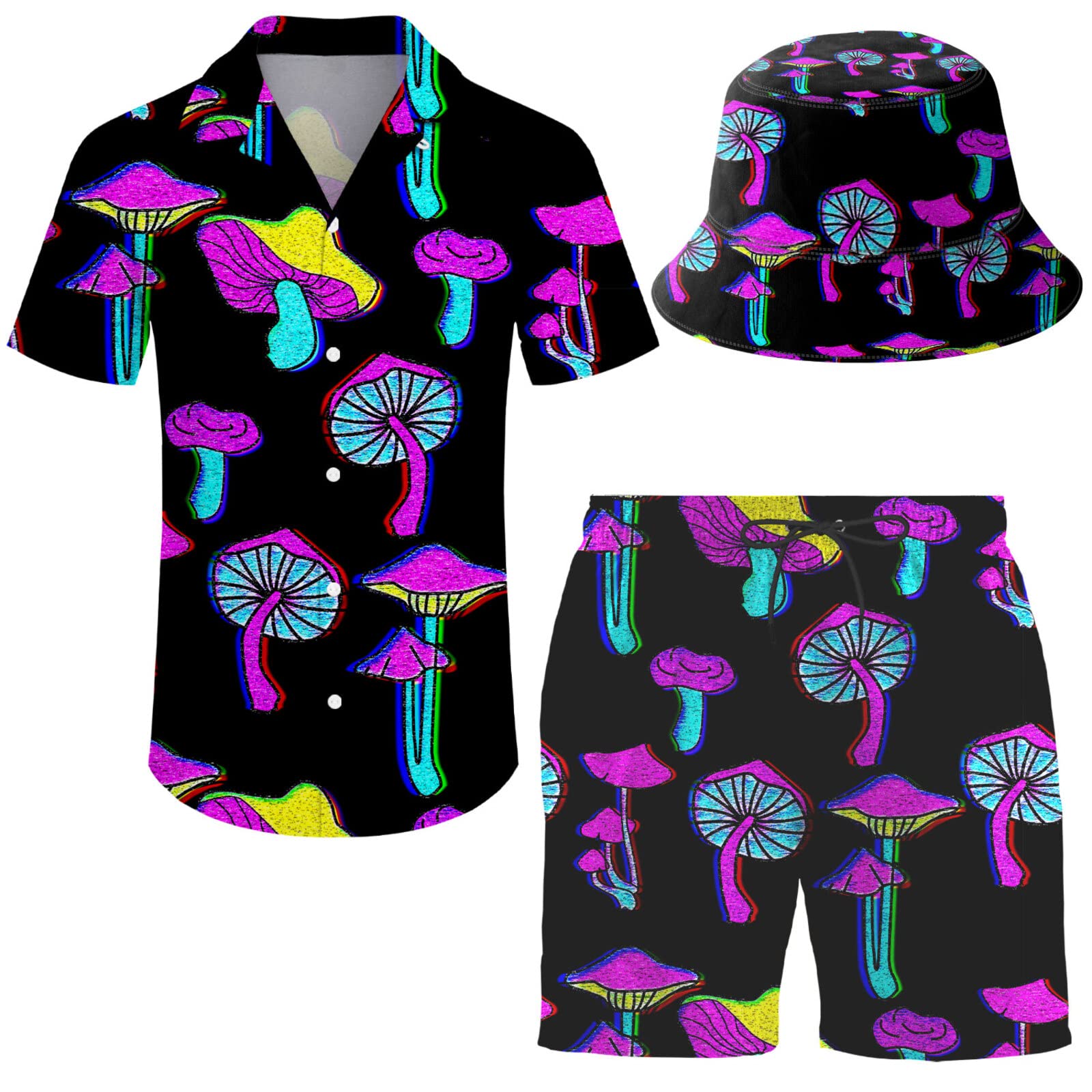 Wdpsuxin Mens 2 Piece Short Set Trippy Dinosaur Hawaiian Button Down Shirt and Shorts Sets with Bucket Hats, Trippy Magic Mushroom3, Medium