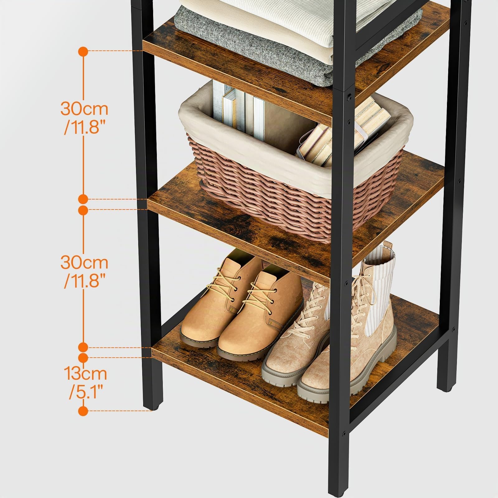 HOOBRO Perchero de Pie con 12 Ganchos y 3 Estantes de Almacenamiento, para Ropa, Sombreros, Bolsos y Accesorios, Entrada, Sala de Estar, Dormitorio, Marrón Rústico y Negro EBF40YM01