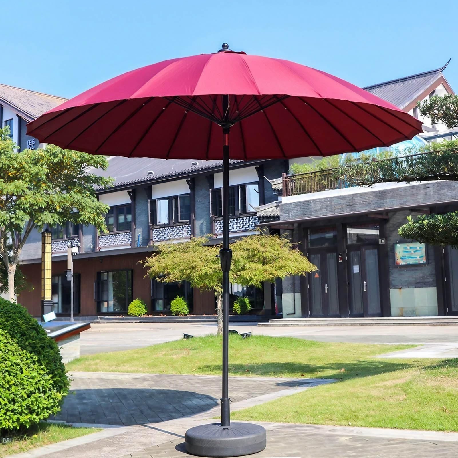 Ombrellone da esterno – Ombrello rotondo da tavolo da mercato con pulsante di inclinazione e manovella – Adatto per giardino, balcone, spiaggia, piscina e prato