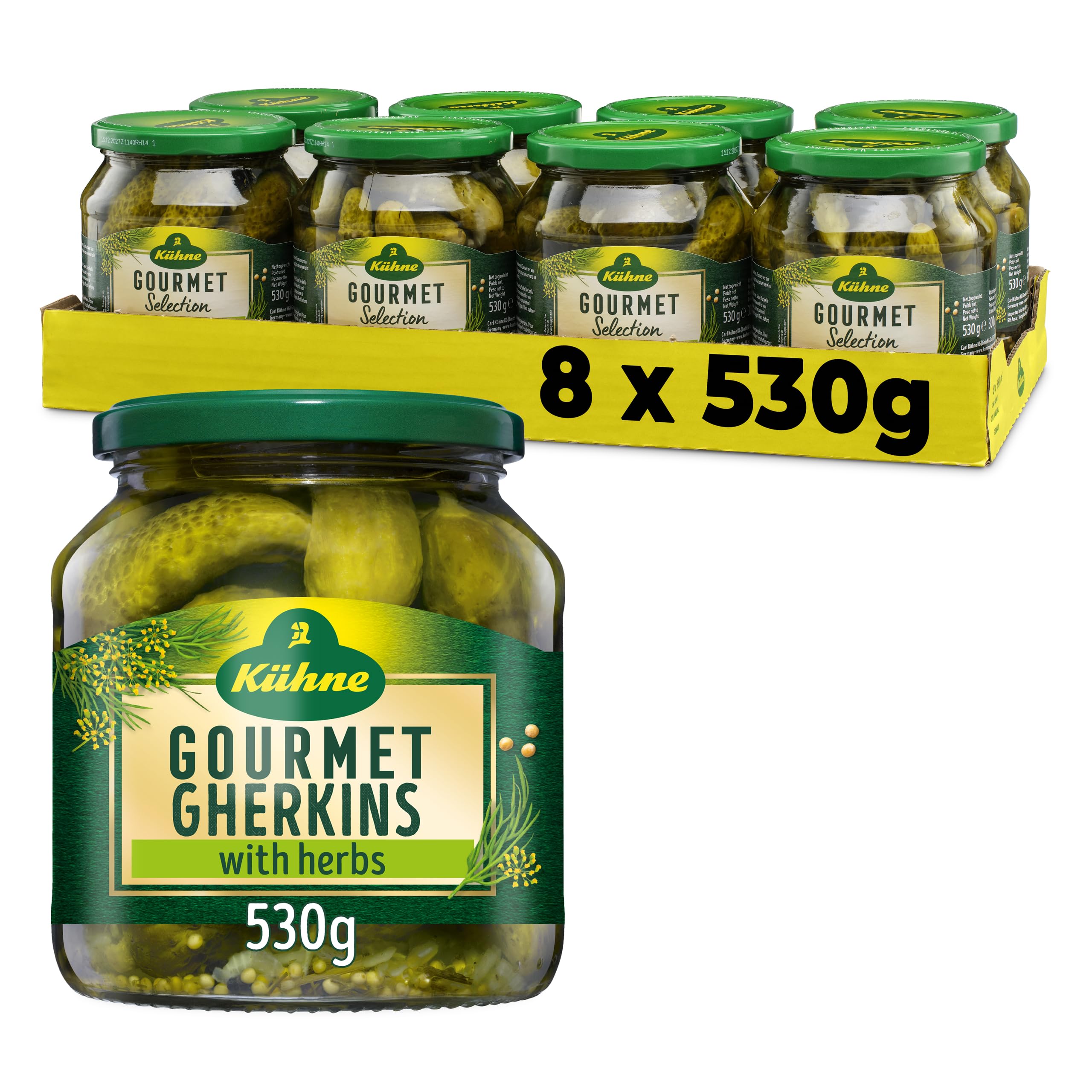 Kuhne Gherkins Gourmet Selection with Herbs, 530g, (Pack of 8)