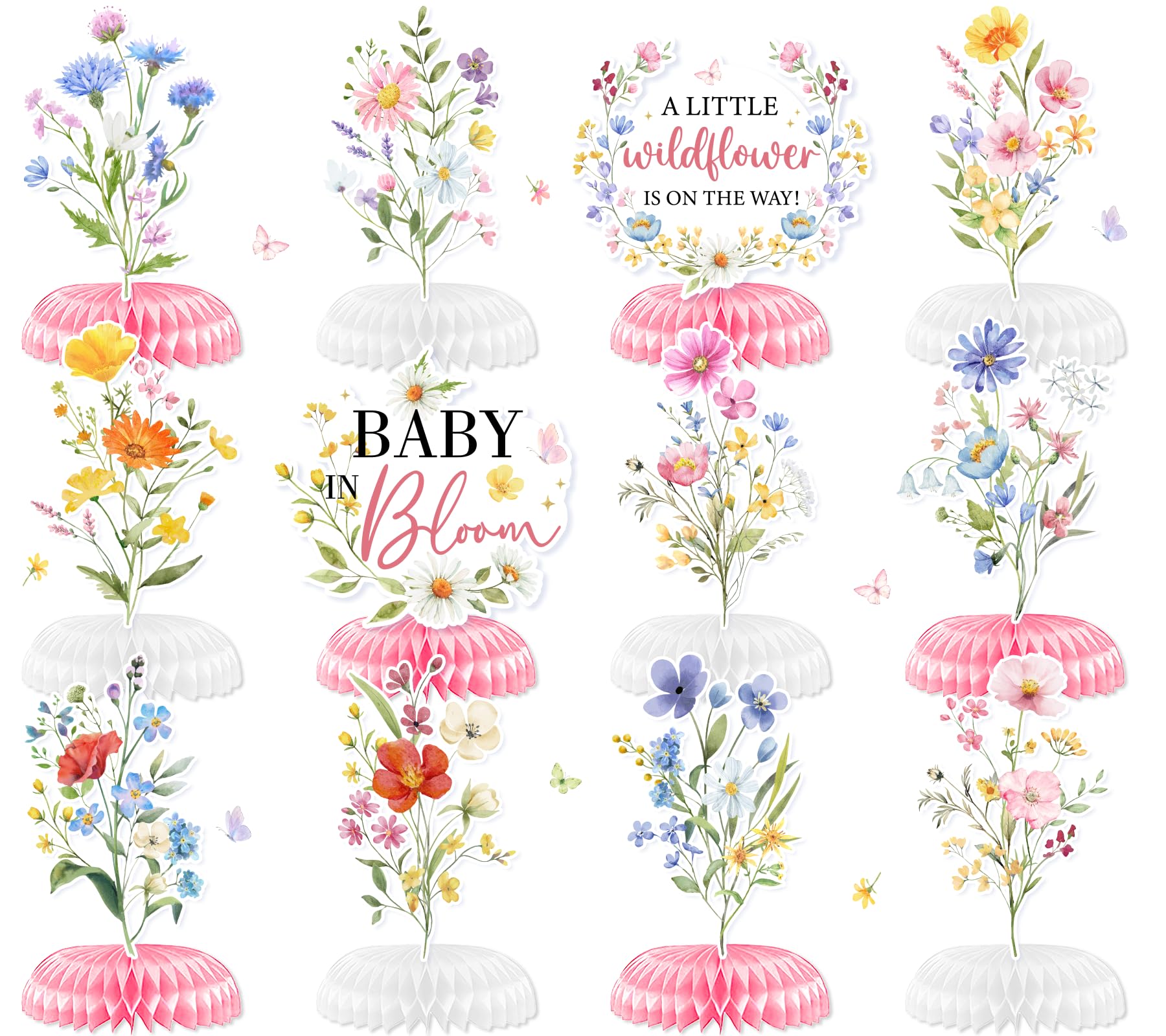 Baby in Bloom - Decoración para baby shower, centro de mesa de panal, 13 piezas de flores silvestres para baby shower, centro de mesa de panal de abeja, una pequeña flor silvestre está en camino