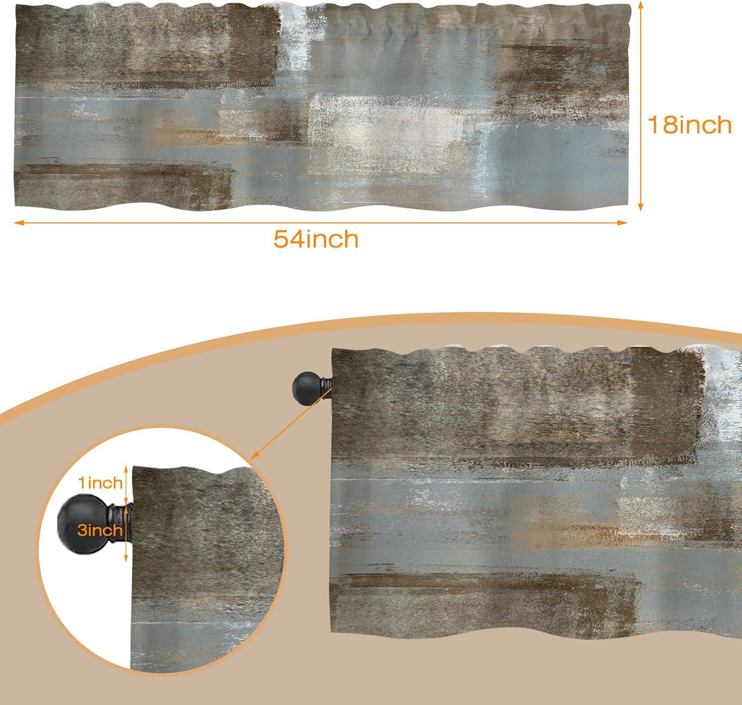 Valances Curtains for Windows, Brown Abstract Watercolor Painting Semi Sheer Curtain Valances, Rod Pocket Short Window Treatment Light Filtering Decor Valances for Kitchen Living Room Bedroom -54"x18" - Image 2