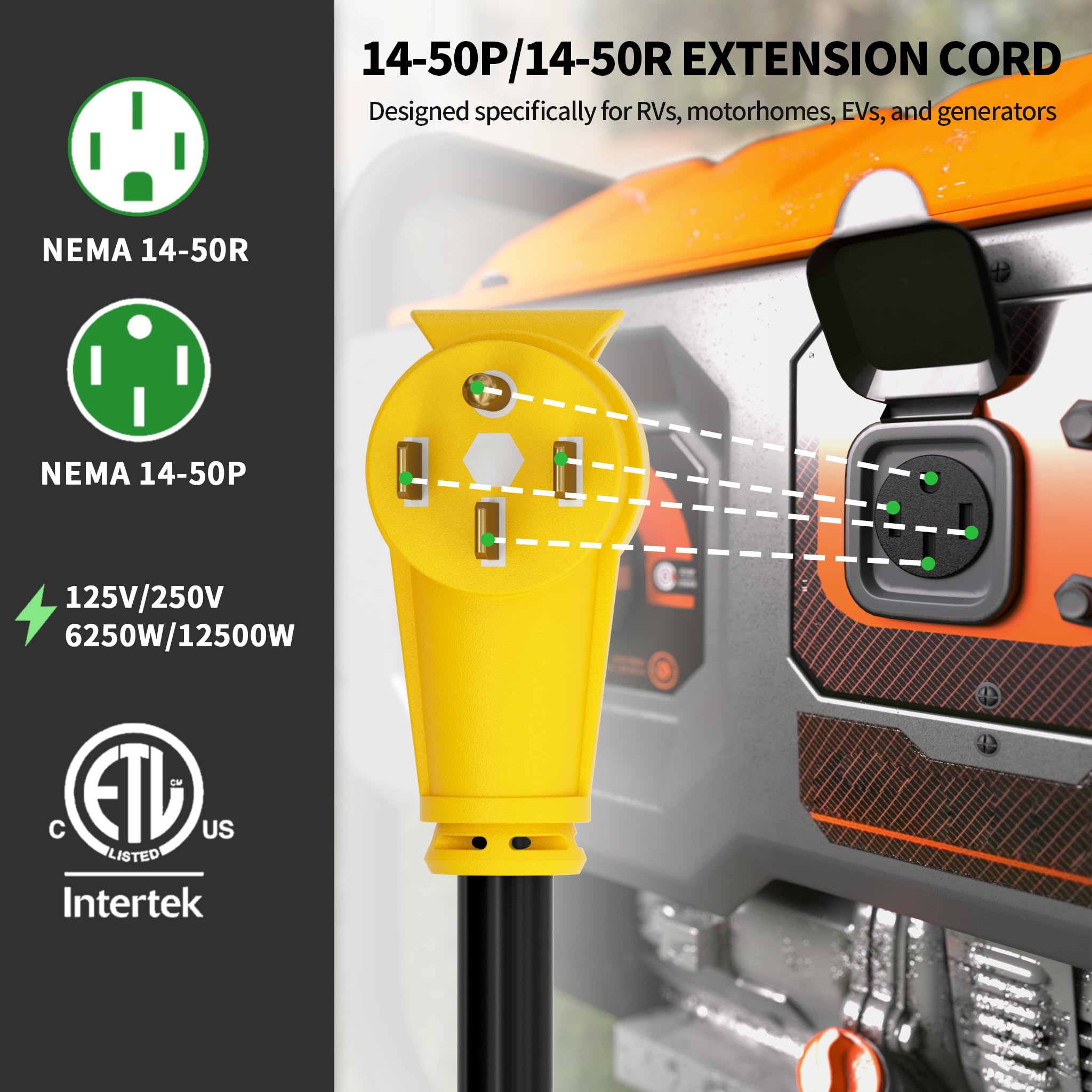 POWGRN Cable de extensión RV/EV de 50 amperios para exteriores con mango de agarre, cable de alimentación flexible resistente calibre 6/3+8/1 STW de 4 puntas RV impermeable, NEMA 14-50P a 14-50R,
