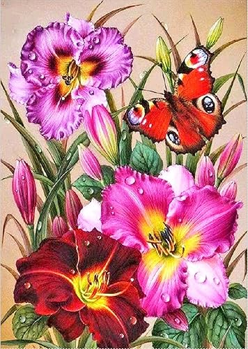 Kits de arte de flores y mariposas de bricolaje para adultos redondos bordados punto de cruz para decoración de pared del hogar regalo pintura de