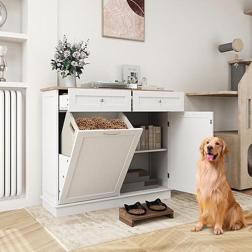 Miniatura 8 de SILKYDRY Armario de basura inclinable, armario de lavandería con 2 cajones y estante ajustable, encimera de madera de goma, contenedores de