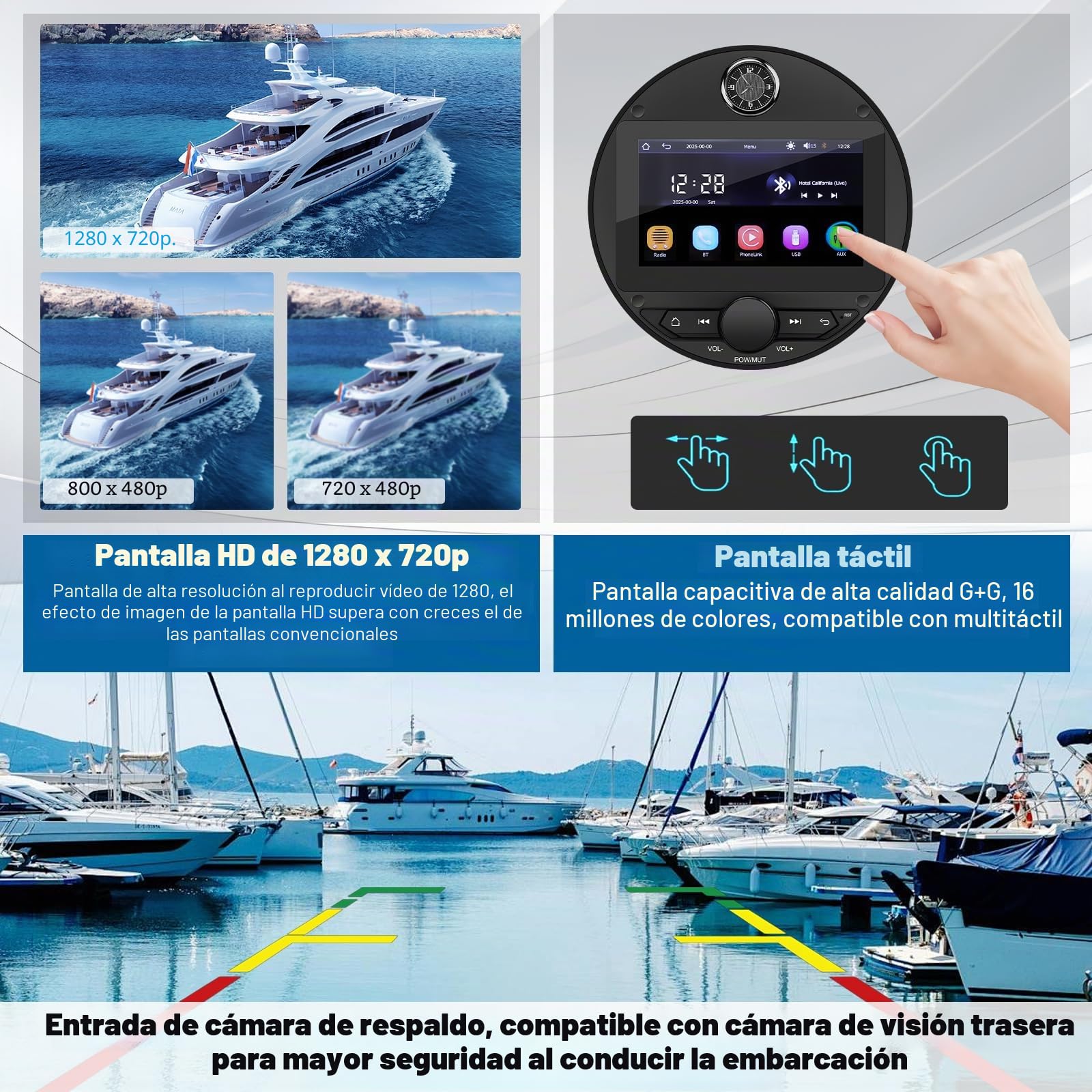 Reproductor Estéreo Marino Mejorado Marine Radio con CarPlay y Android inalámbrico para Uso Marino, Barco, Coche Conexión BT5.0, Reproducción de Películas