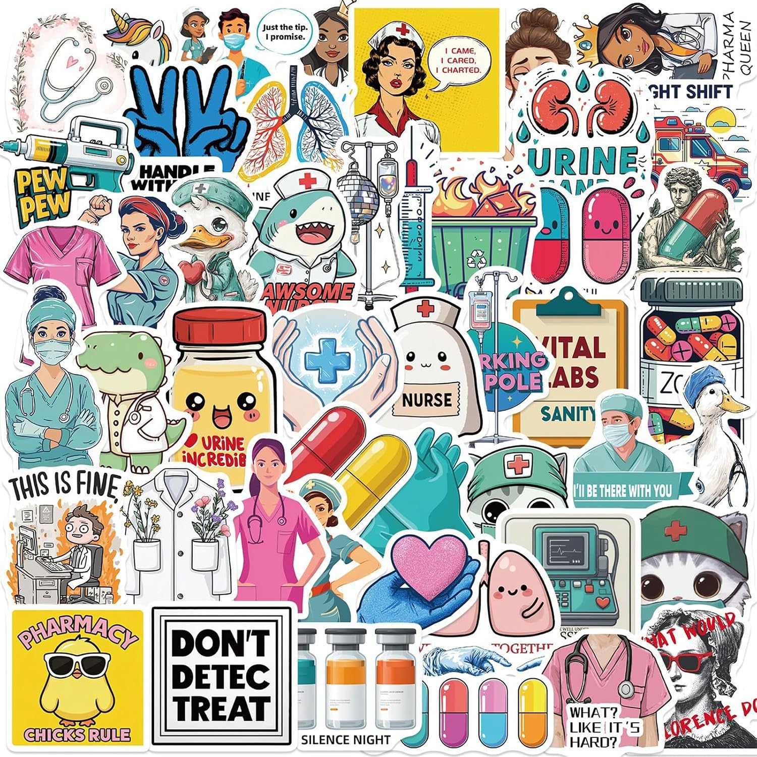 50Pcs Funny Healthcare Stickers and Decals for Water Bottle, Laptop - Funny Healthcare Gifts, Party Supplies & Dacorations - Medical, Nurse, Doctor Stickers Waterproof (Colourful-Q7)