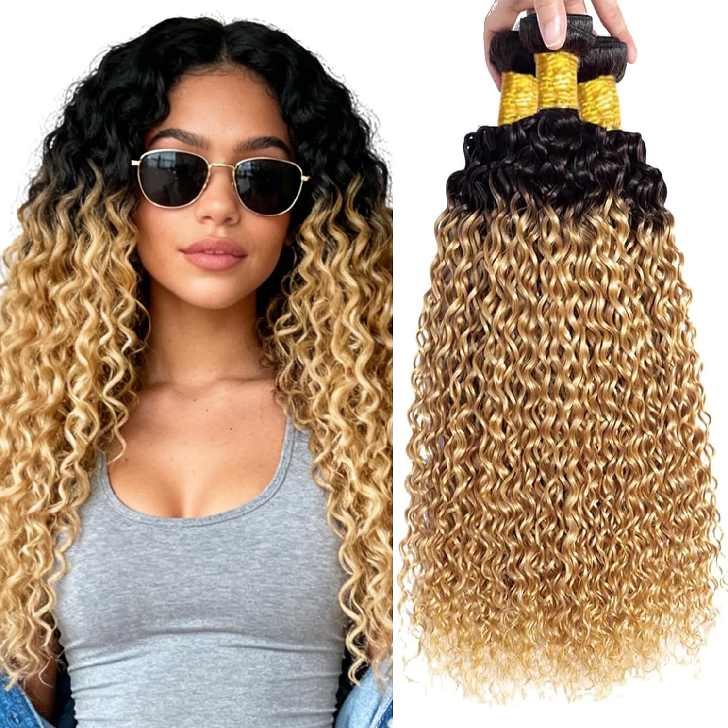 T1B/27 Ombre Curly Wave Bundles Human Hair 22 24 26 Inch Black to Honey Blonde 3 Bundles Human Hair Extensions Two Tone Color 150G