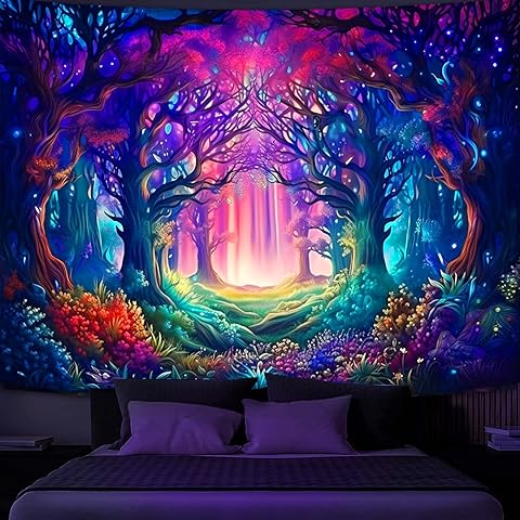 Simpkeely Blacklight Fantasy Forest Tapestry, UV Reactive Nature Magical Tree Glow Wall Hanging Tapestries for Bedroom, Living Room - 51.2