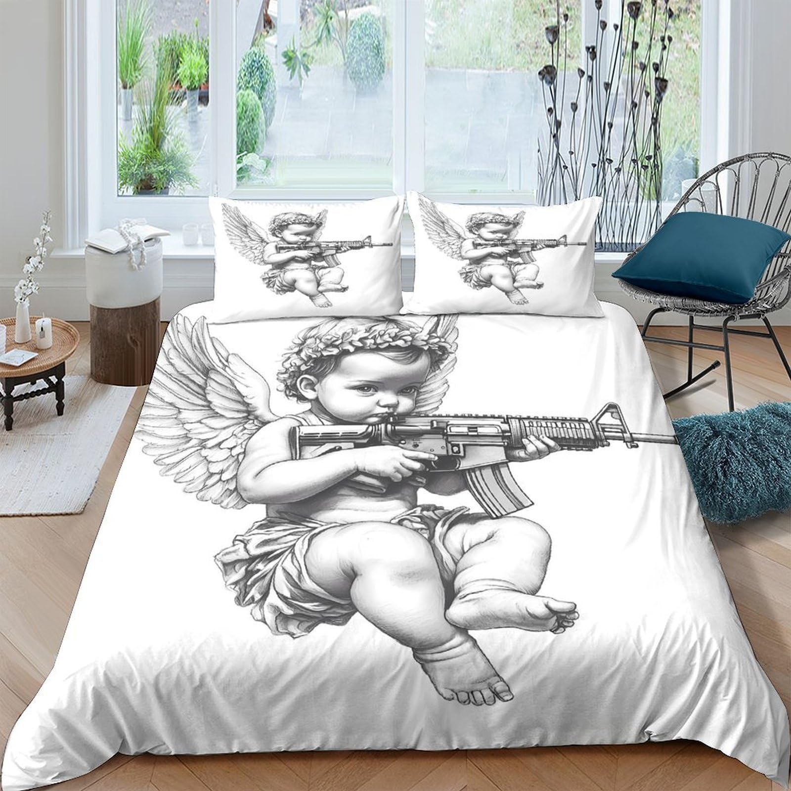 Ctjqhvkz Style-9 3D Printed Angel With Gun Fitted Sheet Microfiber Soft White Sketch Mattress Cover For Bedroom Dorm Decor Protection Single（135X200cm）