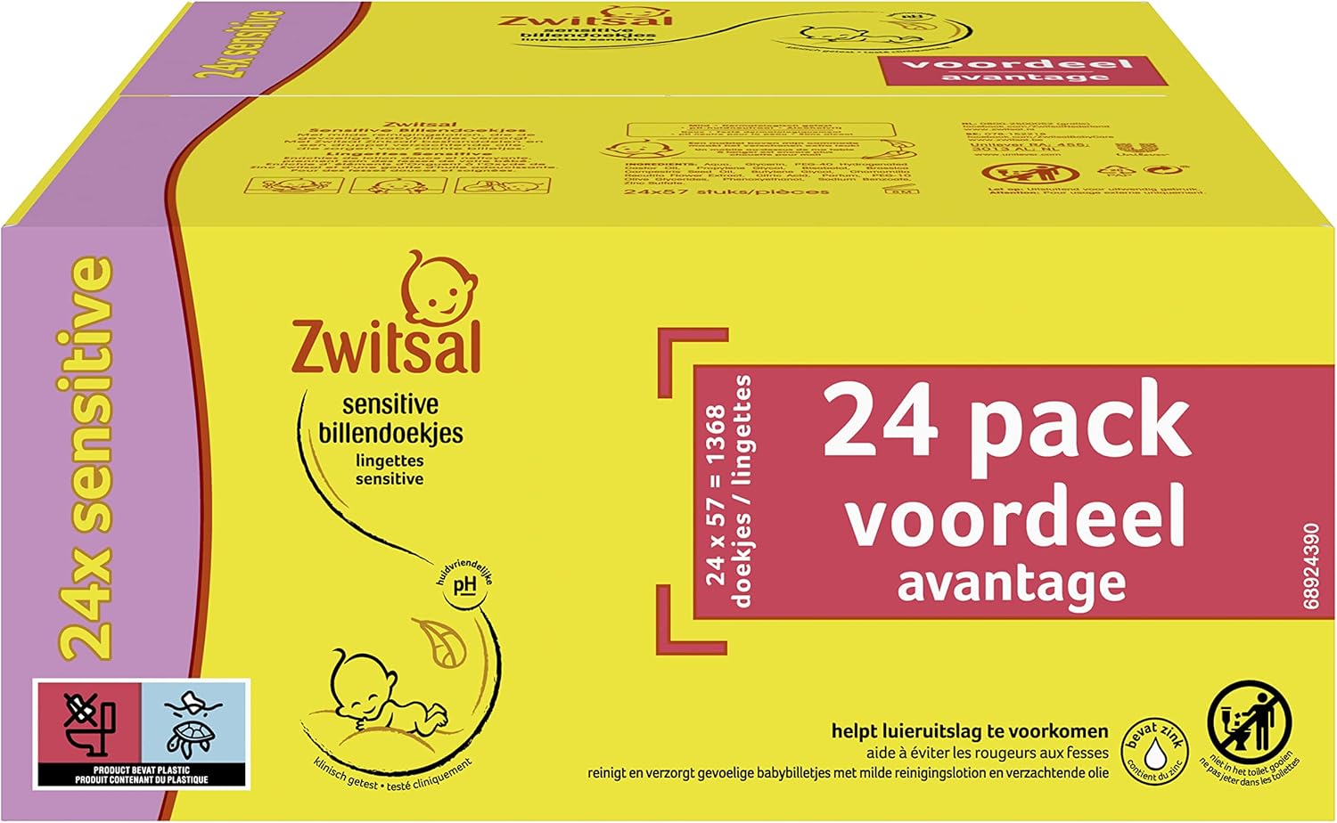 Zwitsal Sensitive Billendoekjes, voor de gevoelige babyhuid - 1368 billendoekjes - Voordeelverpakking
