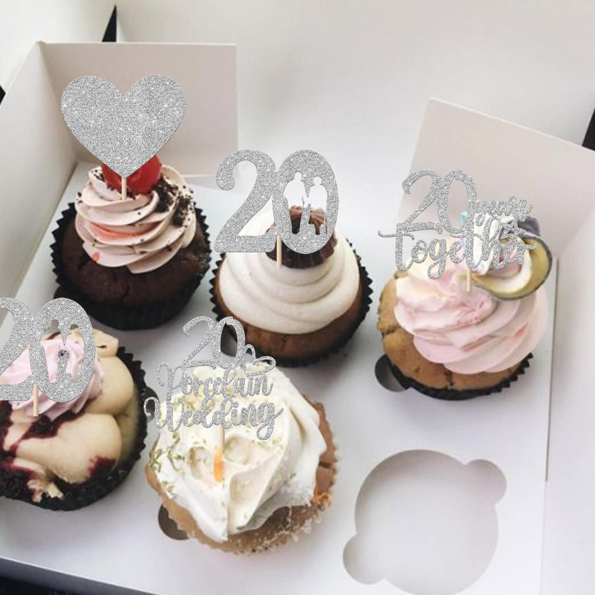 Xsstarmi 24 Pack 20 Porcelain Wedding Cupcake Toppers Sweet Heart Glitter 20 Years Together Cupcake Picks for Happy 20th Wedding Anniversary Party Cake Decorations Supplies - Image 3