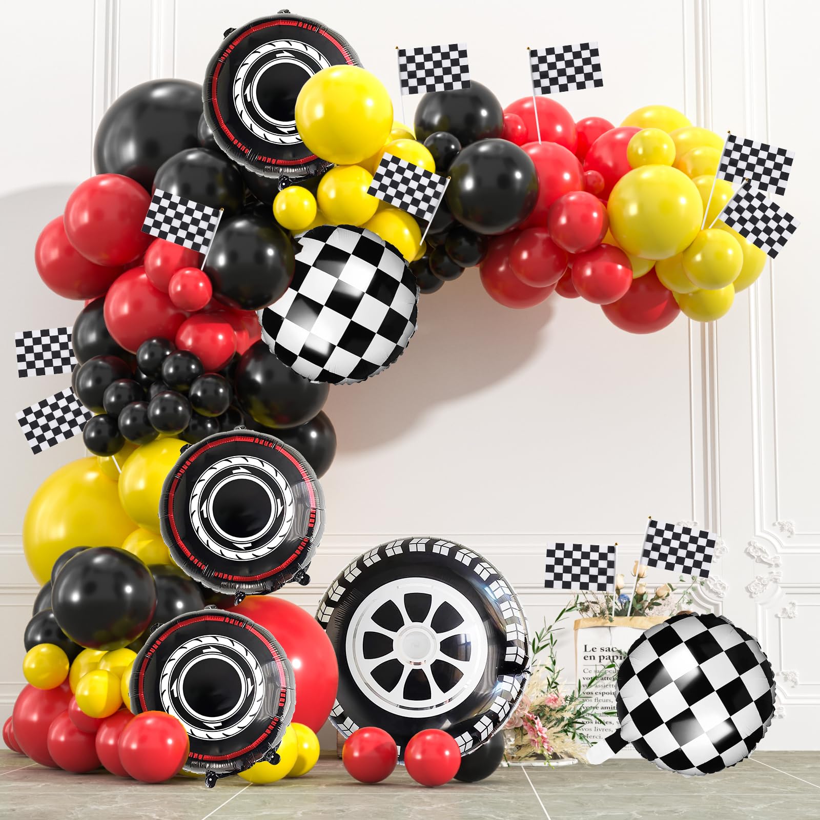 View 1 of 178pcs Race Car Balloon Garland Arch, Red Black Yellow Balloons Decoration with Checkered Flags and Wheels, Racing Themed Birthday Party Supplies for Boys & Girls