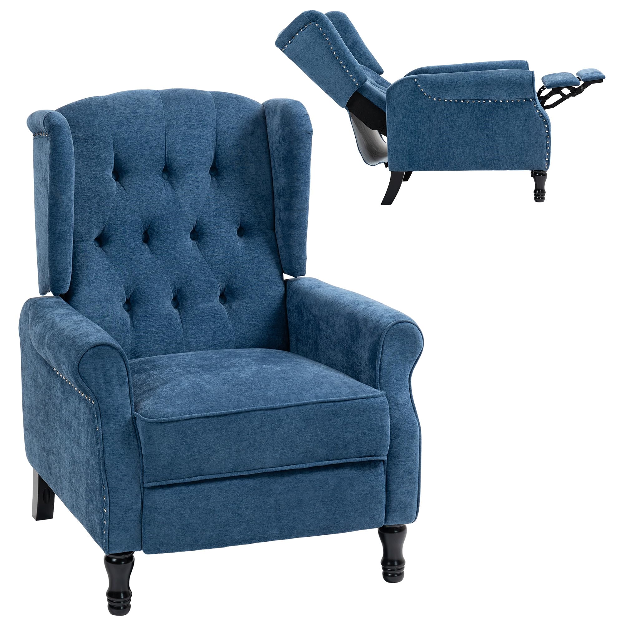 HOMCOM Recliner Armchair, Vintage Reclining Chair with Nail Head Trim, Wingback Chair with Button Tufted Back and Footrest, for Living Room, Royal Blue