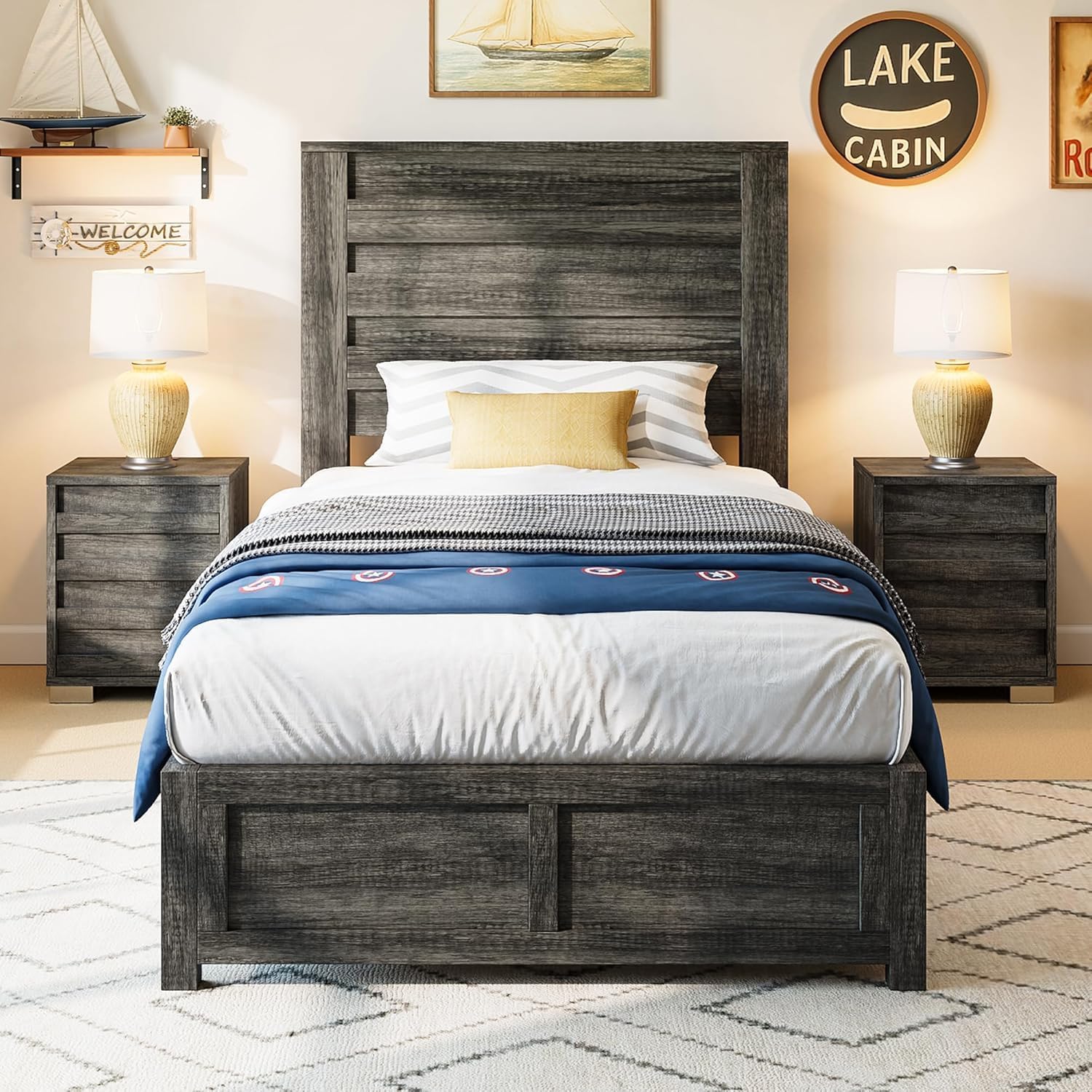 AMERLIFE Farmhouse Twin Platform Bed Frame with 49" Fluted Headboard, Wooden Bed with Natural Grain Finish, Noise-Free, No Box Spring Required, Easy Assembly, Grey