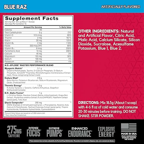 Vista 3 de BSN N.O.-XPLODE - Polvo de preentrenamiento, suplemento energético para hombres y mujeres con creatina y beta-alanina, Blue Raz, 16 porciones, 0.65
