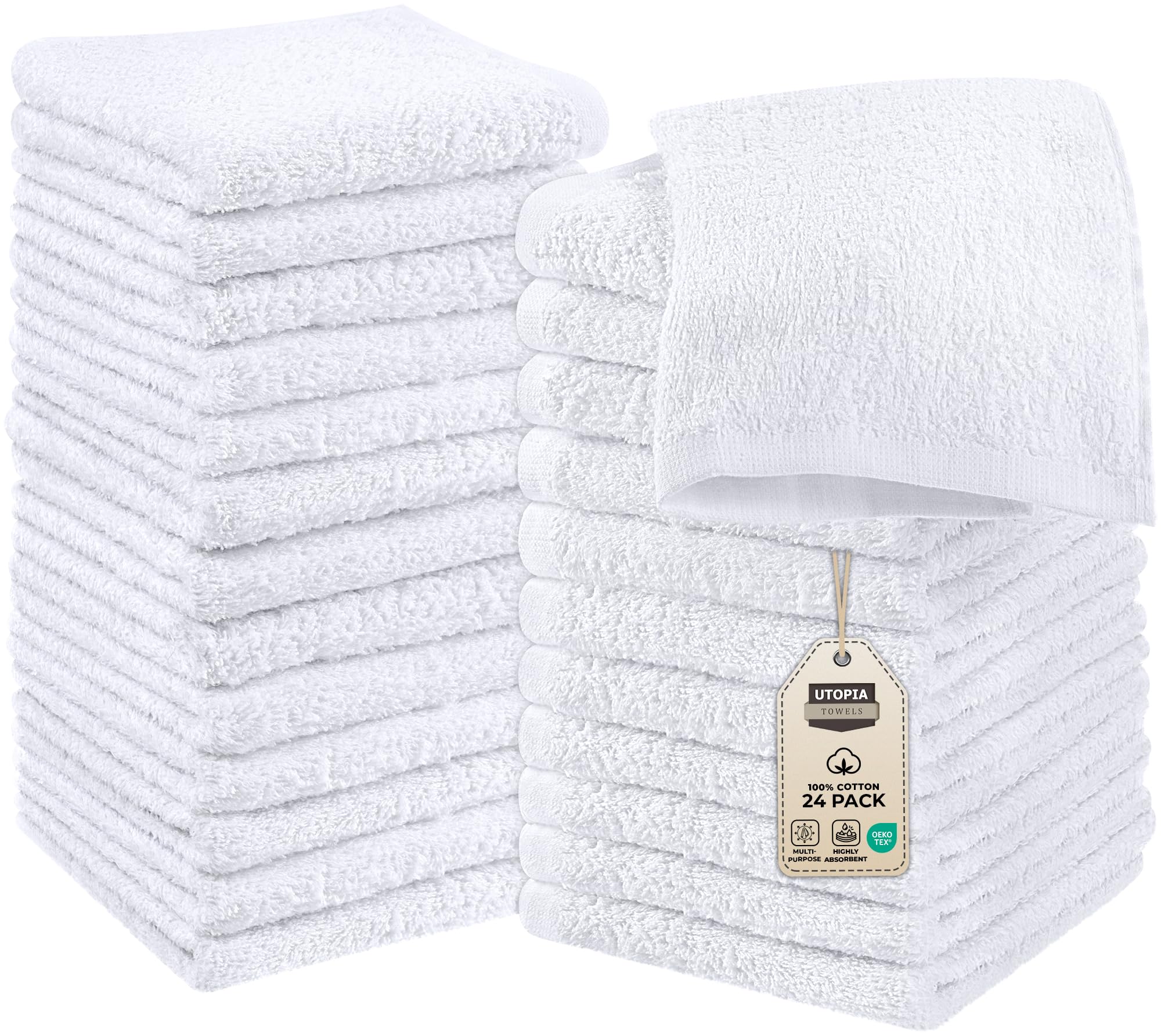 Utopia Towels - Cotton Washcloths Set - 30 x 30 cm, White - 100% Ring Spun Cotton, Premium Quality Flannel Face Cloths, Highly Absorbent and Soft Feel Fingertip Towels (24-Pack, White)OEKO-TEX STANDARD 100