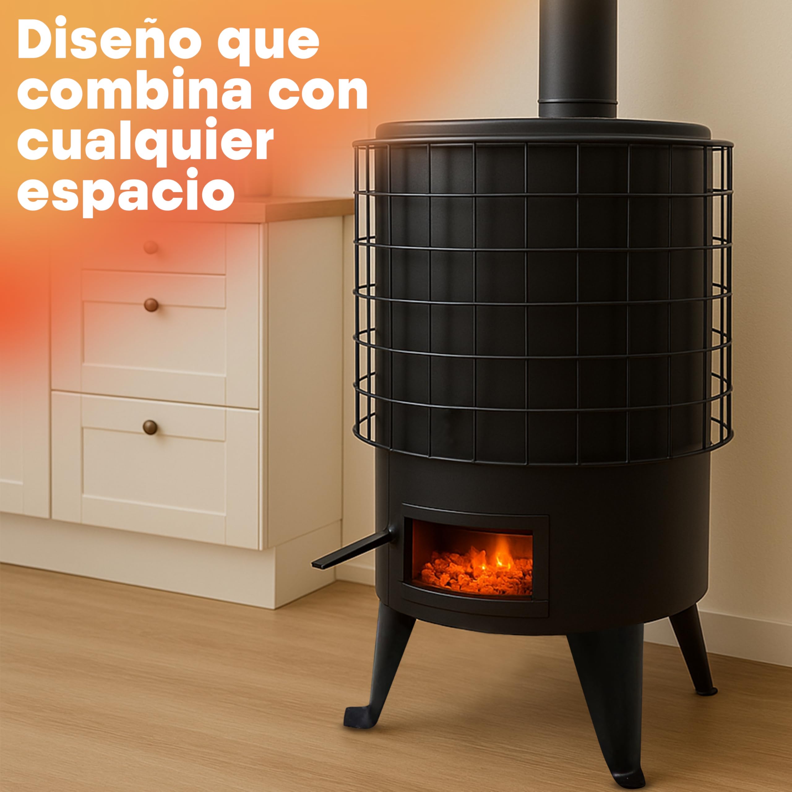 Estufa de Leña Redonda. Estufa Pellets con Potencia 6.7 KW para Calentar Superficie De 50 M². Chimeneas de Leña y Carbon. Color Negro.