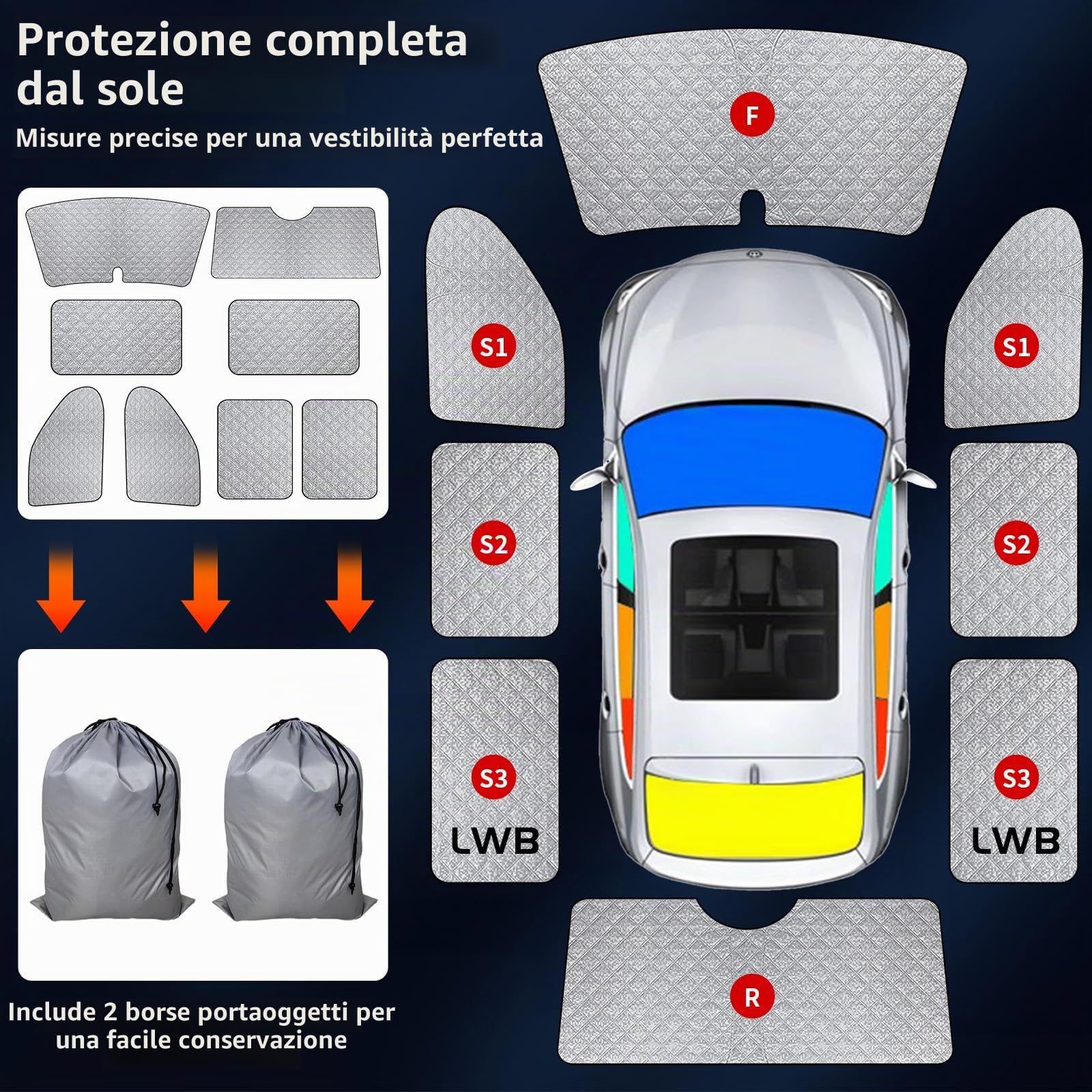 Set di 8 tende termiche interne adatte per VW T5/T6 Van LWB (passo lungo), versione spessa con retro nero, materiale resistente multistrato, effetto riflettente argentato, facile da riporre