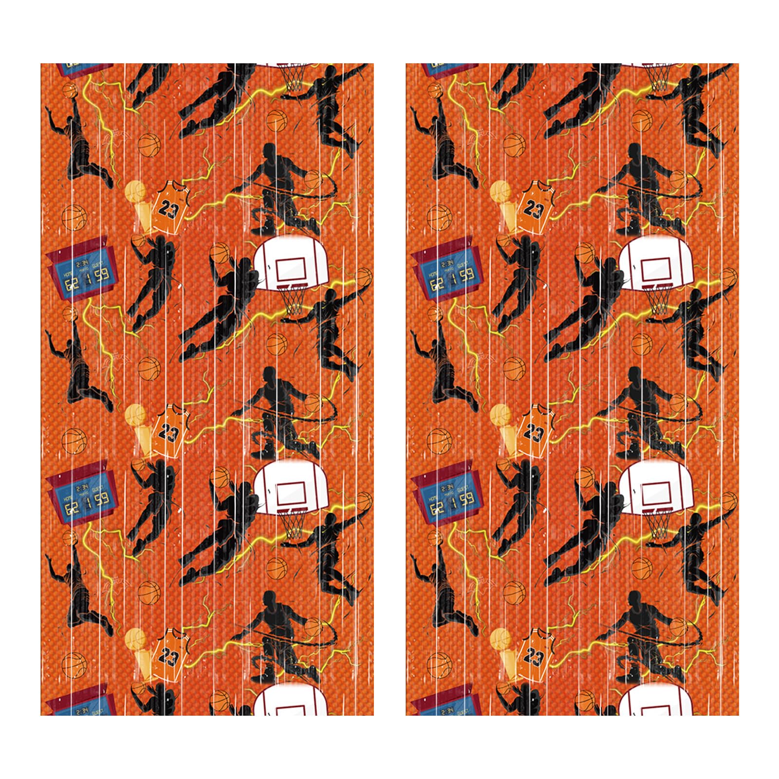2pcs Basketball-Themed Rain Curtain Decoration for Basketball Birthday, Pre-Strung Basketball-Themed Rain Curtain for Wall Door, Classroom Baby Shower Supplies