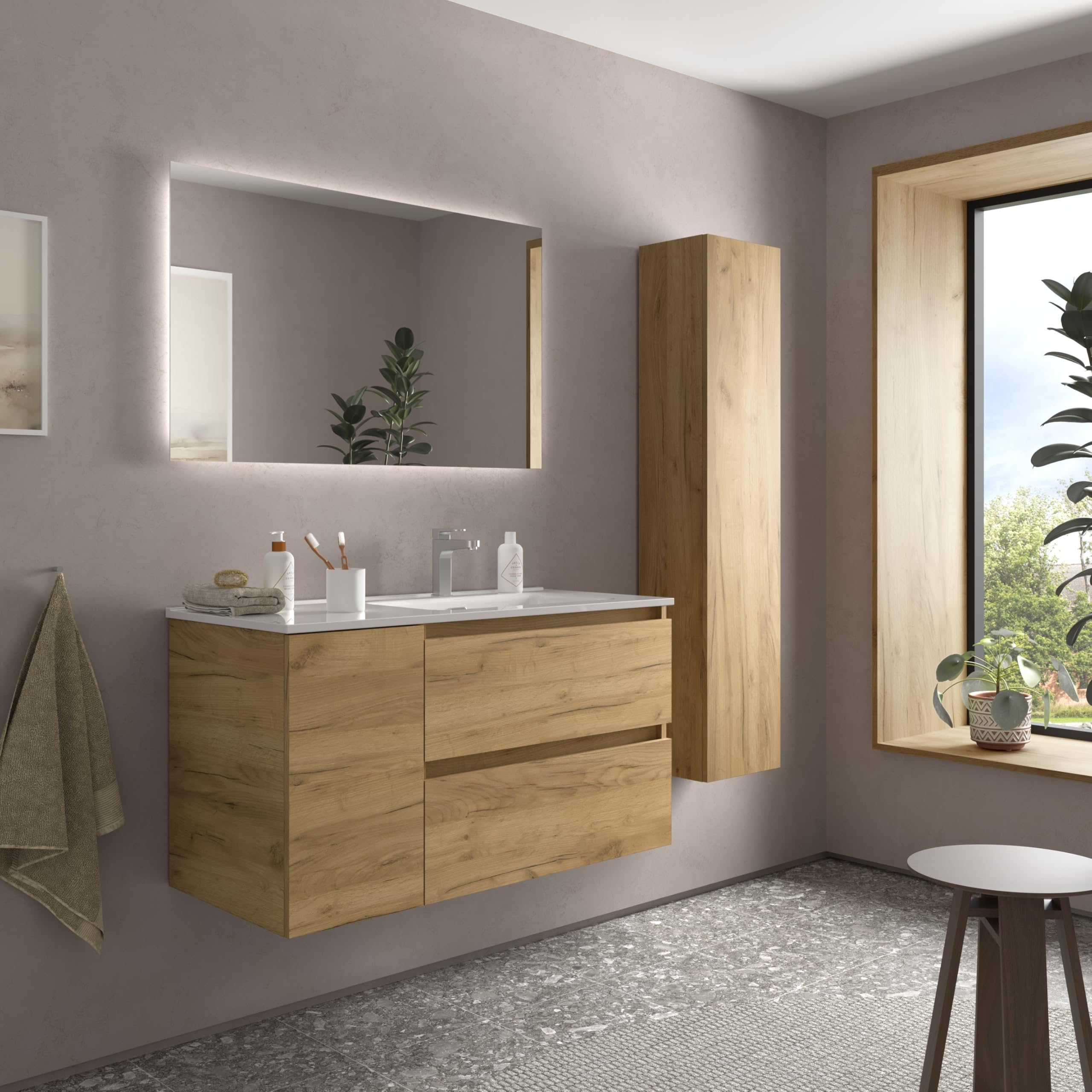 Mueble de Baño Bequia 100cm + Coqueta 1 Puerta Izquierda + Lavabo cerámica | Roble |100x45x56