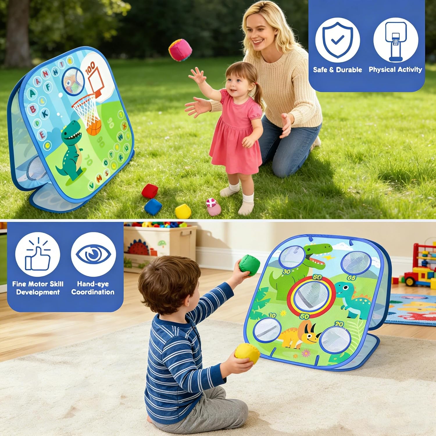 6-in-1 Dinosaur Bean Bag Toss Game - Outdoor Toys for Toddler 1-3, ABC Alphabet & Math Learning Active Play Toy - Indoor Backyard Party Game Beach Games