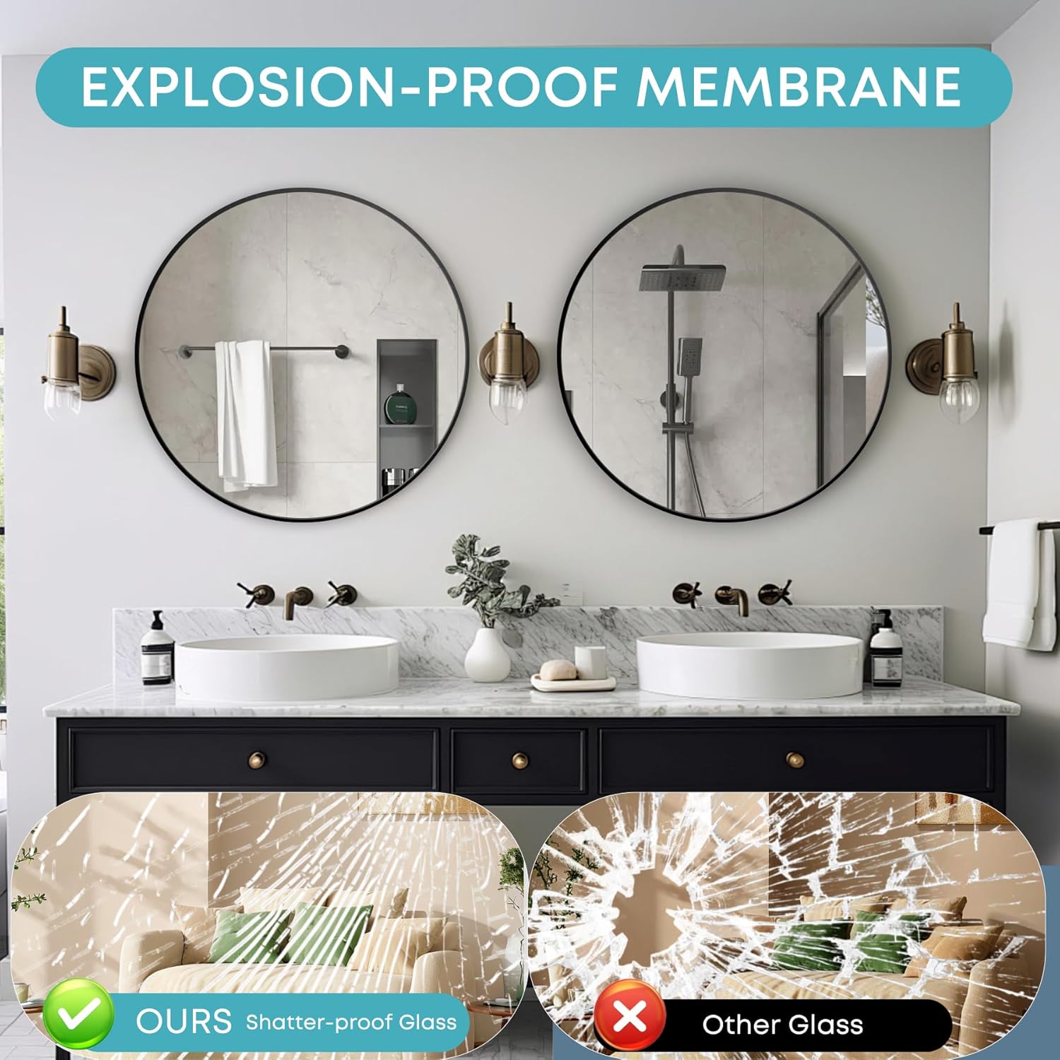 Round Mirror, Wall Mounted Circle Mirror with Brushed Metal Frame, Circular Mirrors for for Bathroom, Living Room, Vanity, Bedroom, Entryway, 36inch, Black