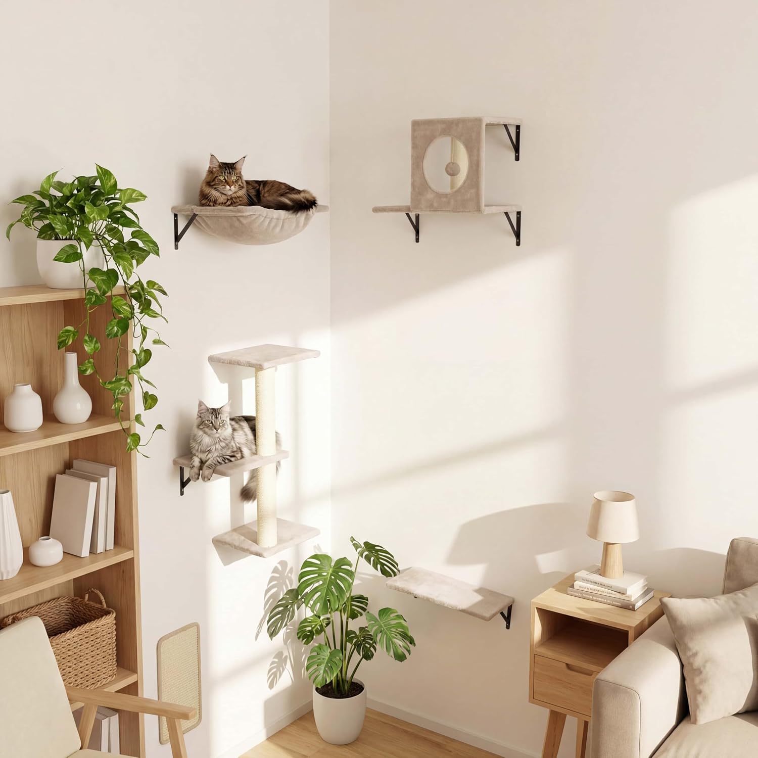 Cat Wall Shelves, Cat Wall Mounted Furniture, Climbing Wall Systems with Perches, Scratchers and Condo, Kitten Indoor Jungle Gym Set of 5 (Beige)