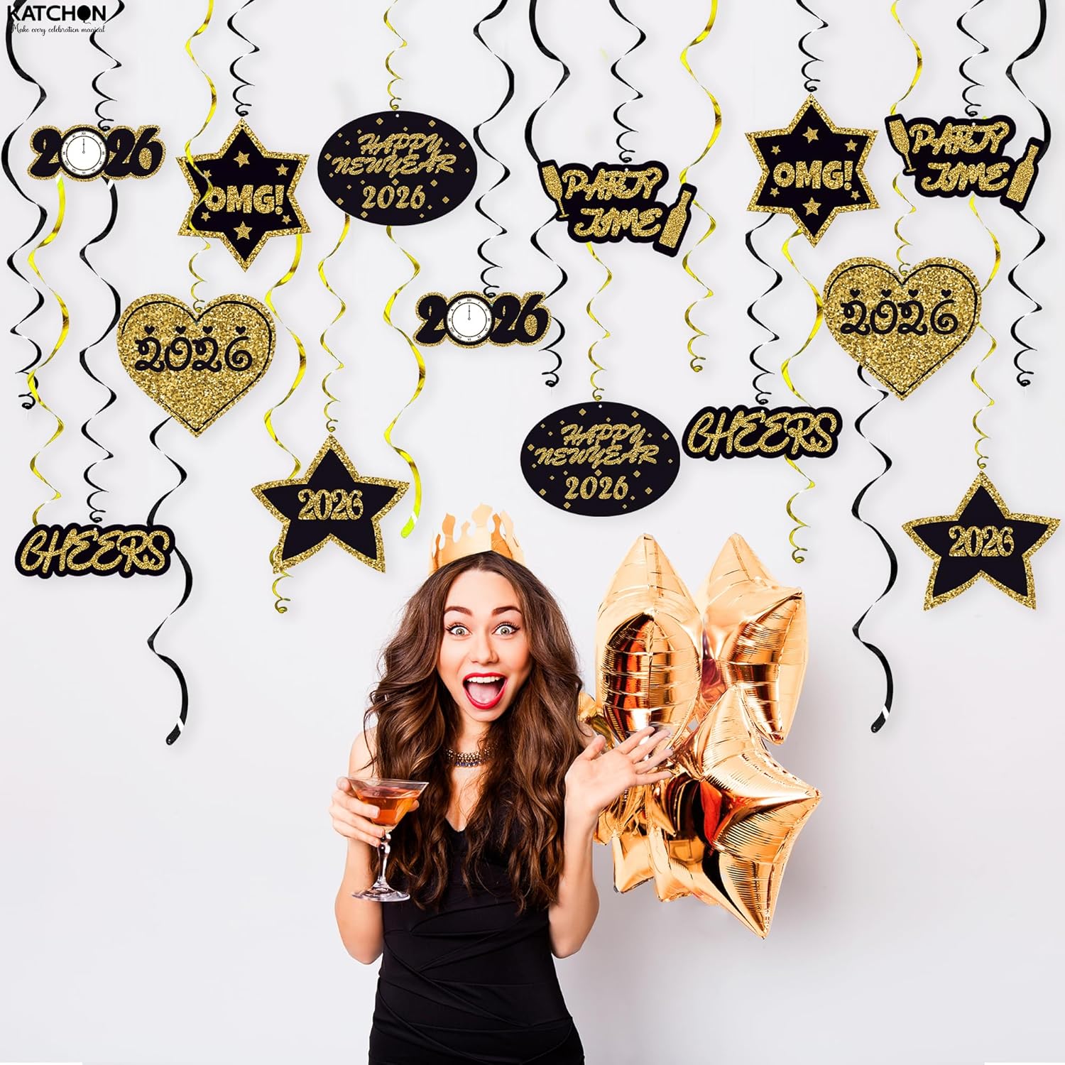 KatchOn, Happy New Year Hanging Swirls - Pack of 32, No DIY | New Years Eve Party Supplies 2026 | New Years Decorations 2026 | New Year Hanging Decorations | Nye Decorations 2026, Nye Party Supplies