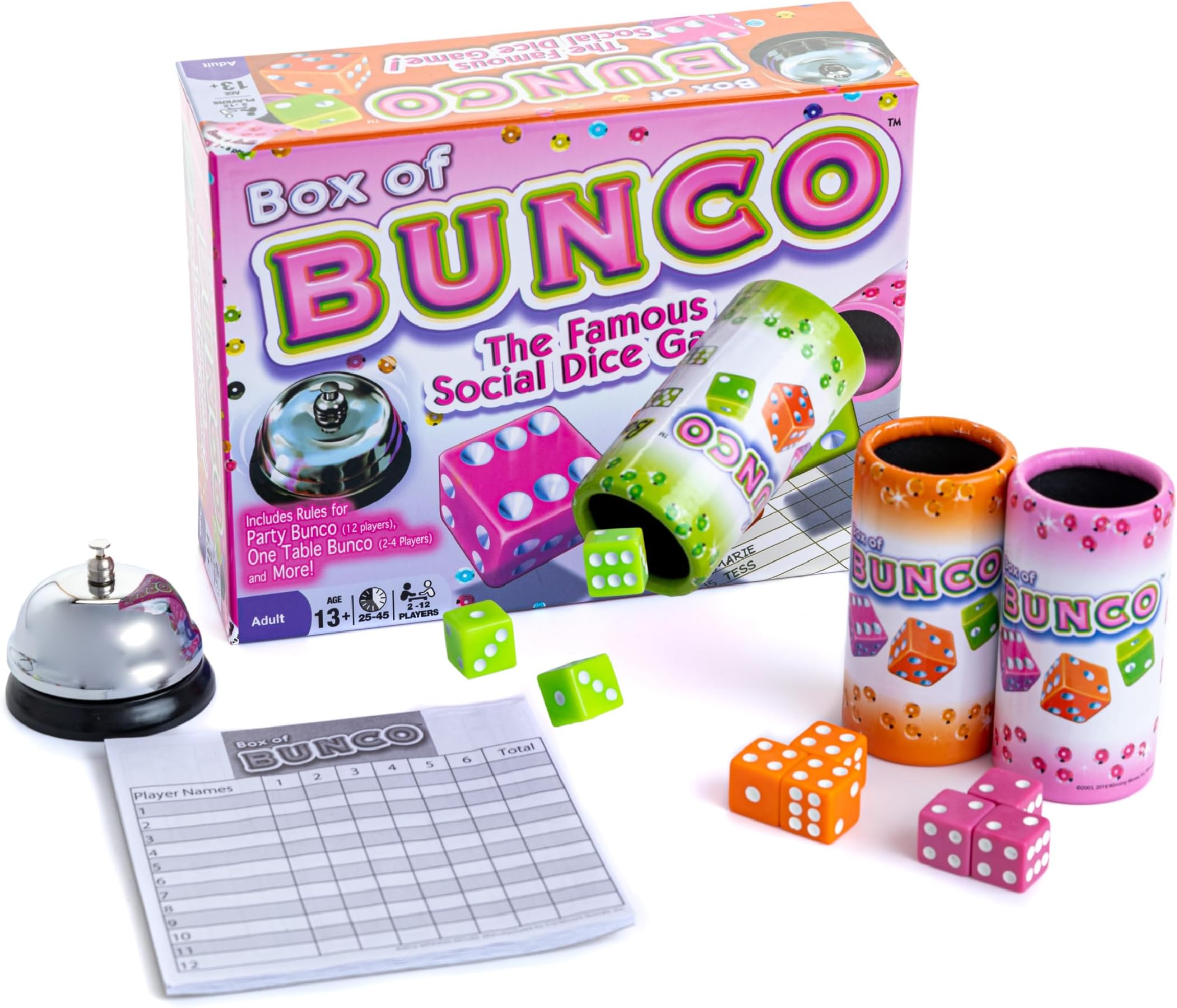 Box of Bunco Game Party Box for Ladies Night with The Girls, Adult Games for 2-12 players with 3 Sets of Bunco Dice, Bell, and Score Pad for Ladies Night Games, Bunco Gifts for Women