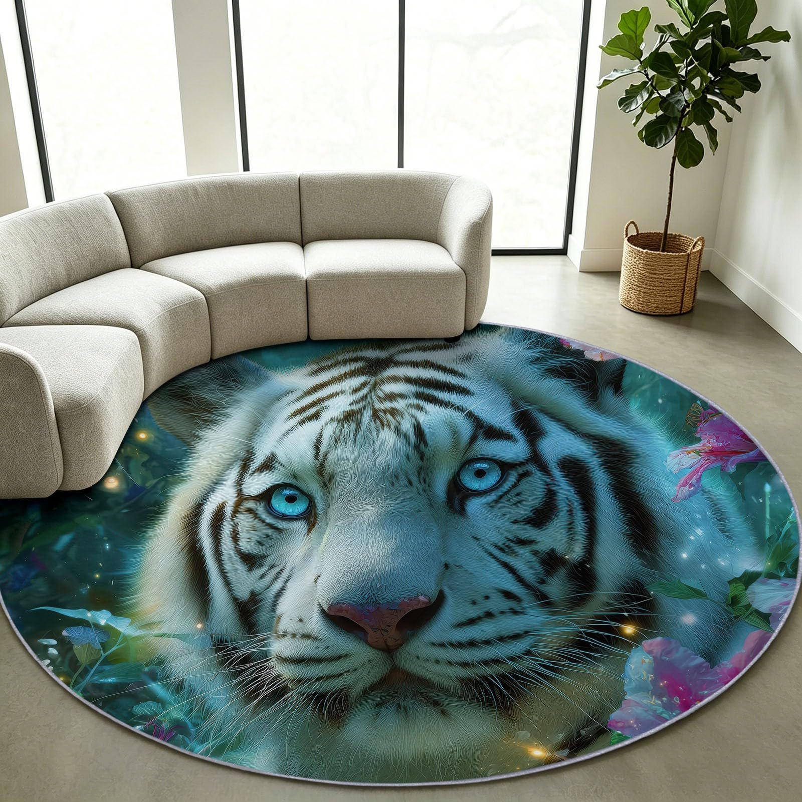 Generisch Tappeto rotondo a pelo corto per soggiorno, motivo animali fantasia, rotondo, 100 cm, verde, tigre, fiori, foglie, lavabile, extra morbido, antiscivolo, per camera dei bambini e camera da