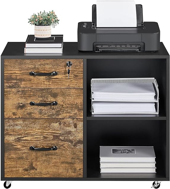 Yaheetech Lateral File Cabinet, 3-Drawer Wood Filing Cabinet, Mobile A4 Letter Size File Organization Unit, Printer Stand for Home and Office, Black/Rustic Brown