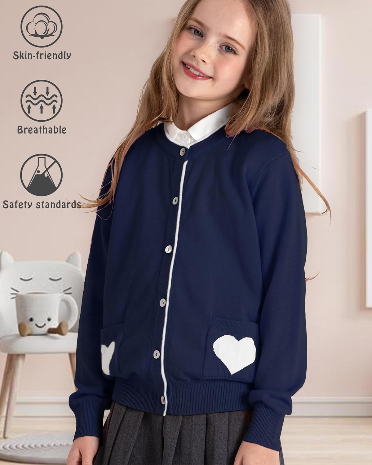 JSTEX Girls Cute Cardigan 100% Cotton Knit Kids Cardigan Long Sleeve Crew Neck Button Sweaters for Girl Size 4-14 - Image 6