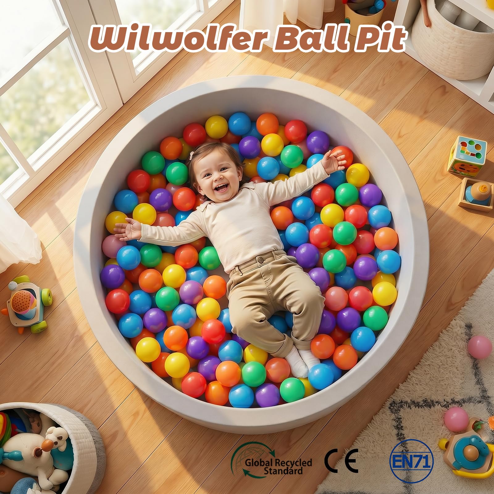 Wilwolfer Piscina con palline per bambini, in schiuma, morbida, rimovibile e lavabile, adatta per bambini piccoli, 85 x 27 cm, con 100 palline colorate per vasca con palline, innocua e durevole