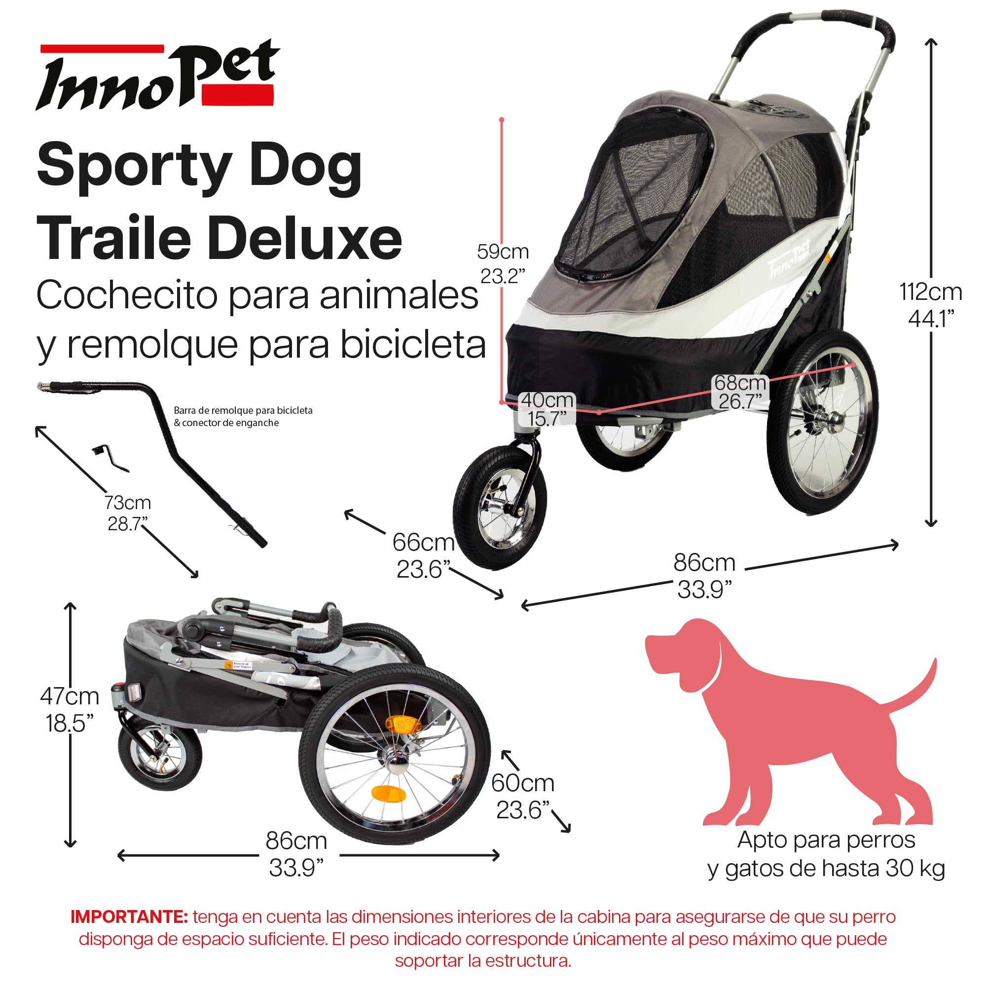 Innopet Sporty Deluxe negro/plata - 2 en 1 carrito y remolque para perros hasta 30kg, con barra para bici, reflectores, bandera y bolsillo de almacenamiento