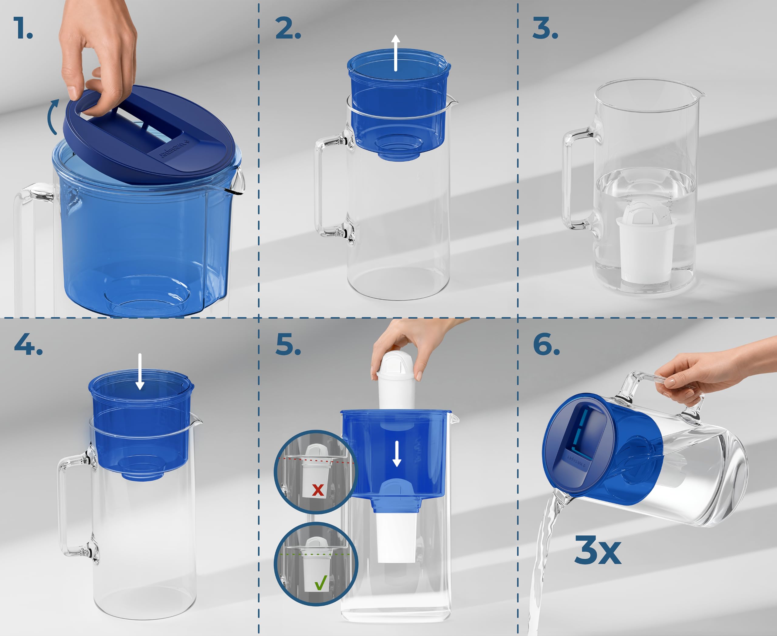 Wessper Carafe En Verre Avec 1 Filtre À Eau (Compatible Avec Brita Classic), Eau Filtrée Avec Grand Goût Et Pureté Réduit Les Dépôts De Calcaire Et De Chlore 3 Litres, Bleu