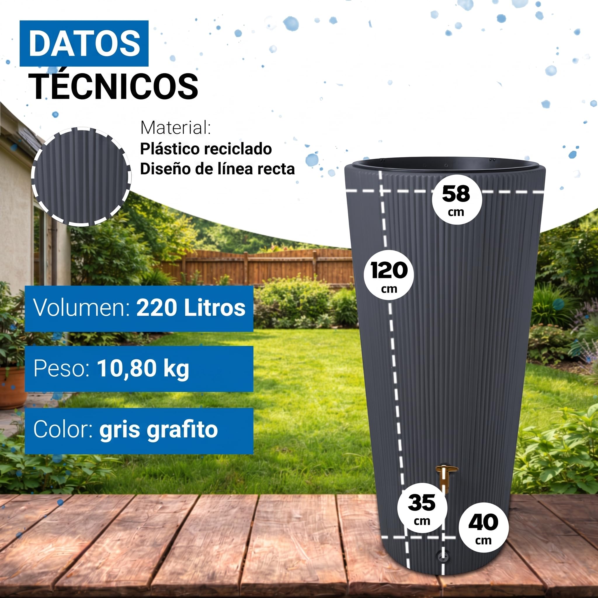 4rain Vaso 2en1 Decor depósito de Agua de Lluvia 220 L Graphite Grey Incl. Grifo de plástico y conexión al bajante - diseño Decorativo para jardín - Set Listo para conectar - Uso Exterior fiable
