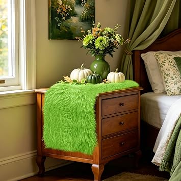 Green Fur Table Runner Short, 36 Small Fluffy Faux Fur Dresser Cover Top