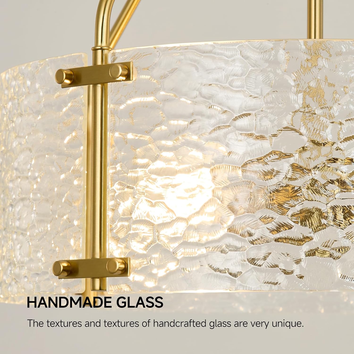 Modern Brushed Gold Chandeliers for Dining Room: 17.7'' Drum Textured Glass Entryway Lights Fixture Hanging - 4 Light Kitchen Chandelier Over Table - Crystal Round Chandelier for Bedroom Fallway Foyer