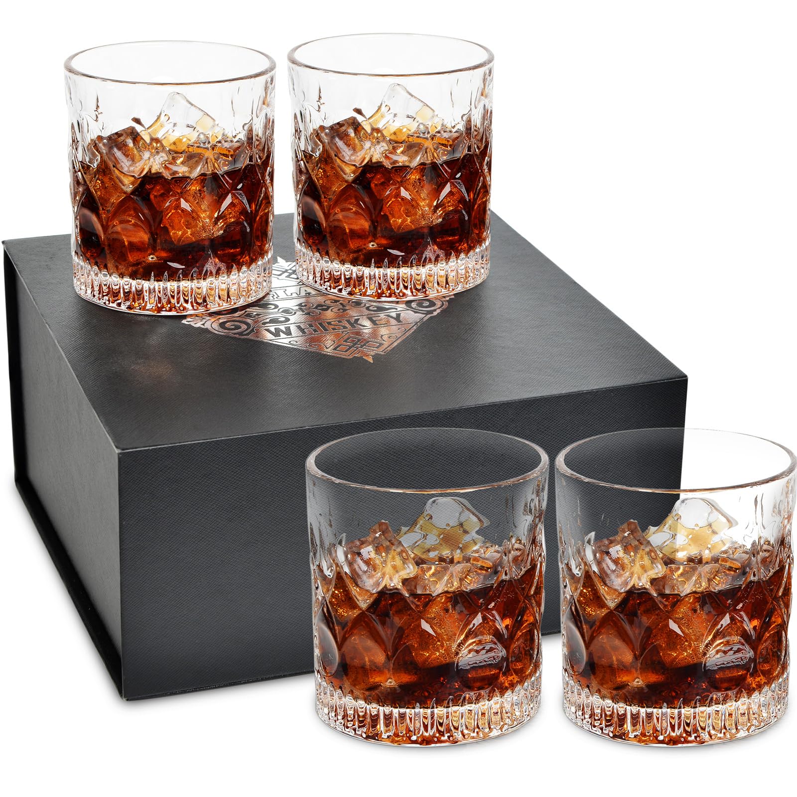 DH Whiskey Glasses Set of 4 with Gift Box -11Oz drinking glasses for Bourbon Scotch Cognac Rocks Glasses for Men, Old Fashioned Crystal retro Whisky Glass Gift